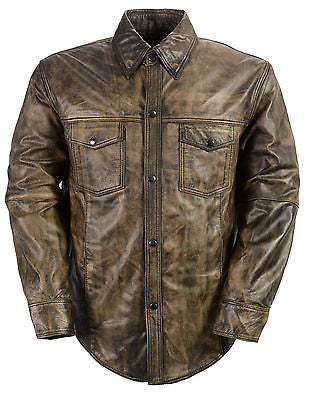 Men's Light weight distressed brn leather shirt with 2 Gun pockets ins ...