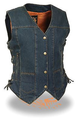 WOMEN'S MOTORCYCLE BLUE 6 POCKET TEXTILE VEST WITH SIDE LACES TWO GUN POCKETS - Leather Place
