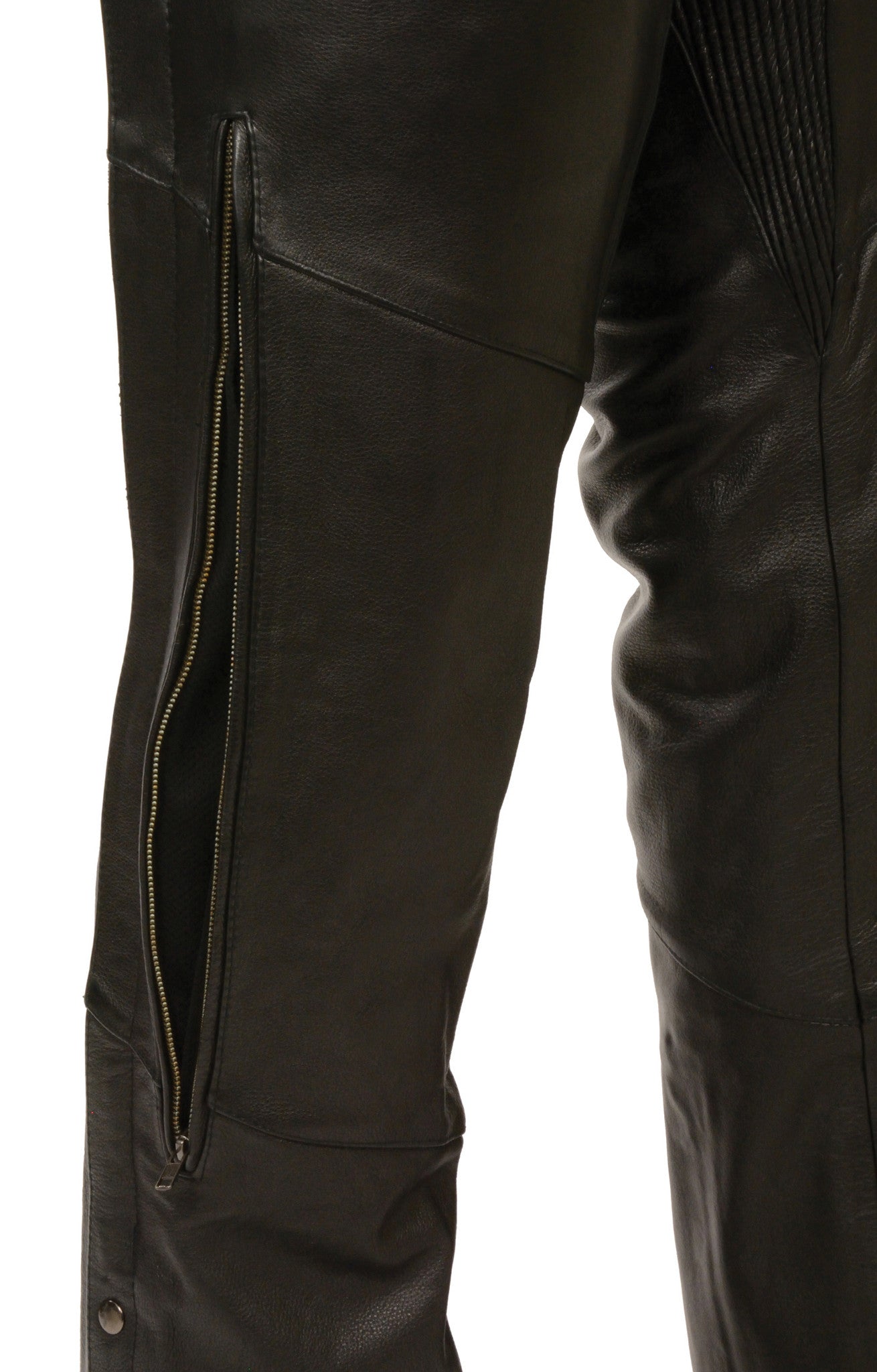 Mens Motorcycle Riding Blk Vented Leather Chap With Stretch Thighs Leather Place 