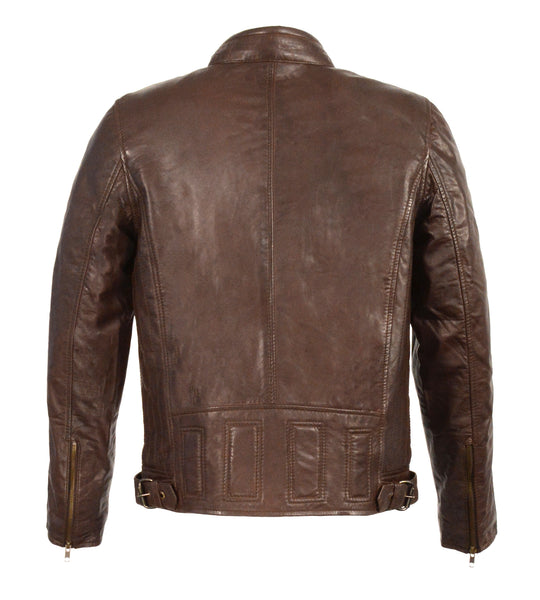 Men's Chinese collar Front zipper Brown leather jacket with side buckl ...