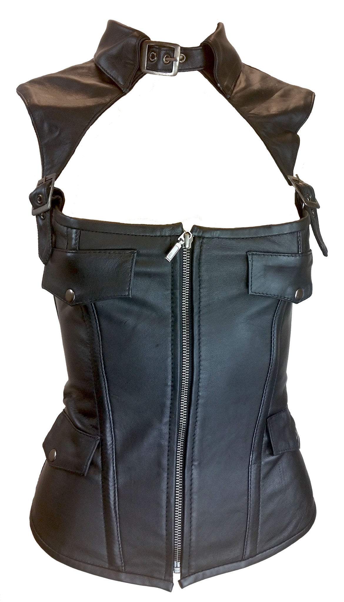 Women's Blk Sexy Bustier Real Leather Corset Lingerine with Collar wit ...