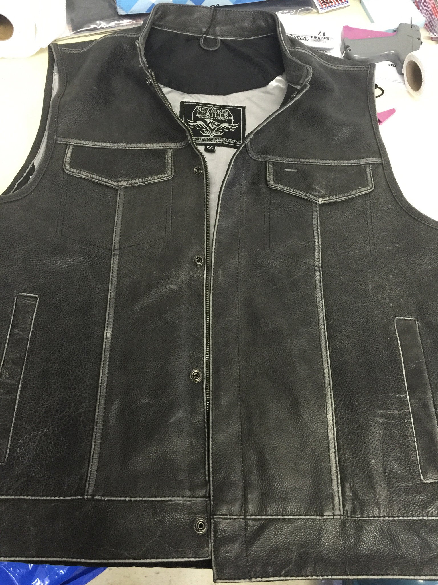 Men's Son of anarcy Distressed Grey motorcycle club leather vest with ...