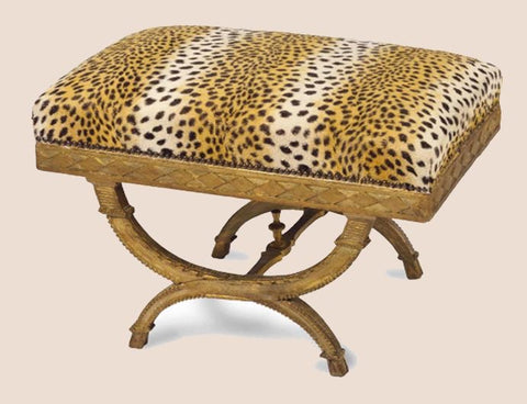 Elsie de Wolfe gold-painted stool covered in leopard.