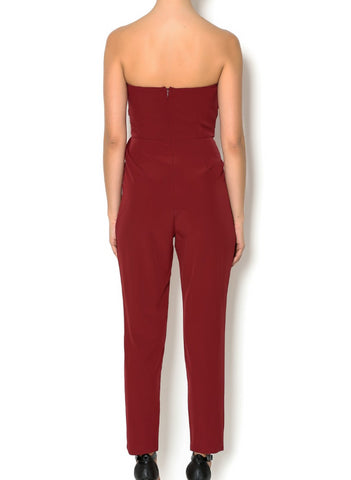 burgundy strapless jumpsuit