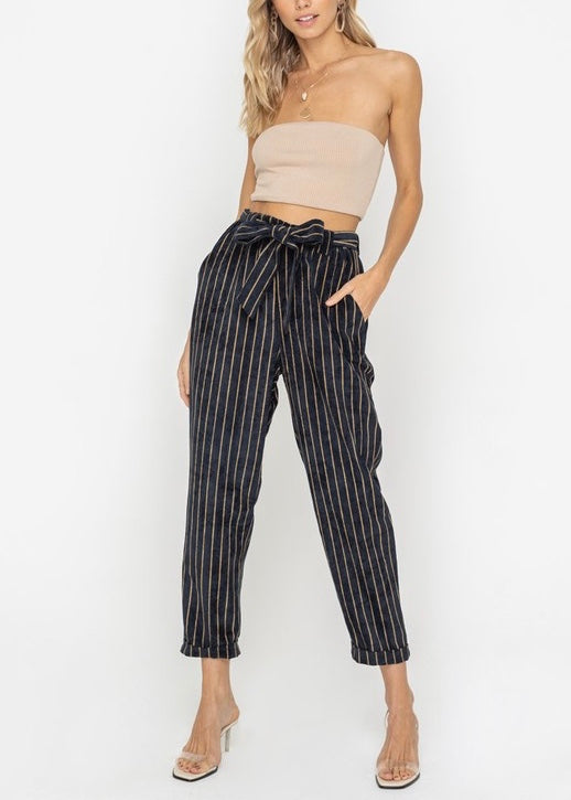 striped belted pants