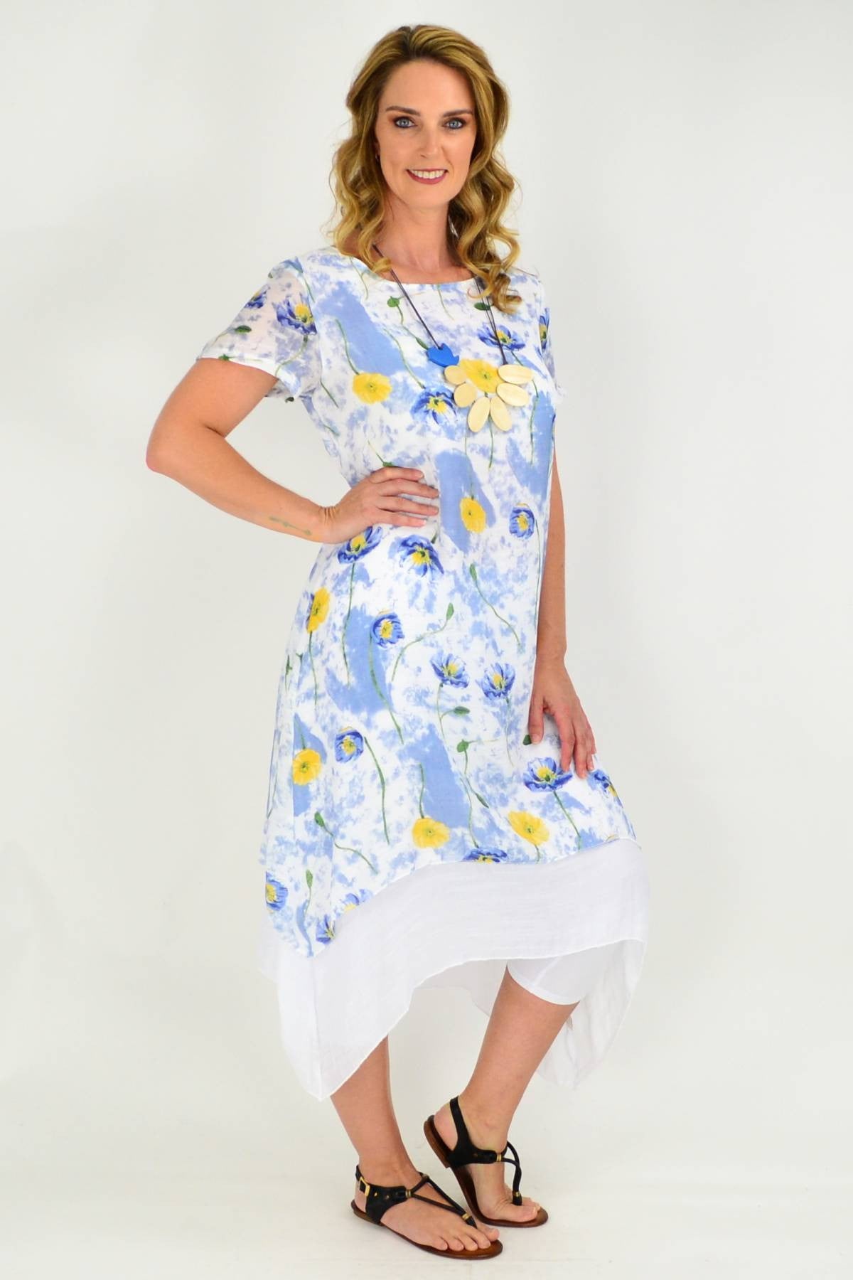 Soft Blue Floral Print Cotton Short Sleeve Tunic Dress | I Love Tunics