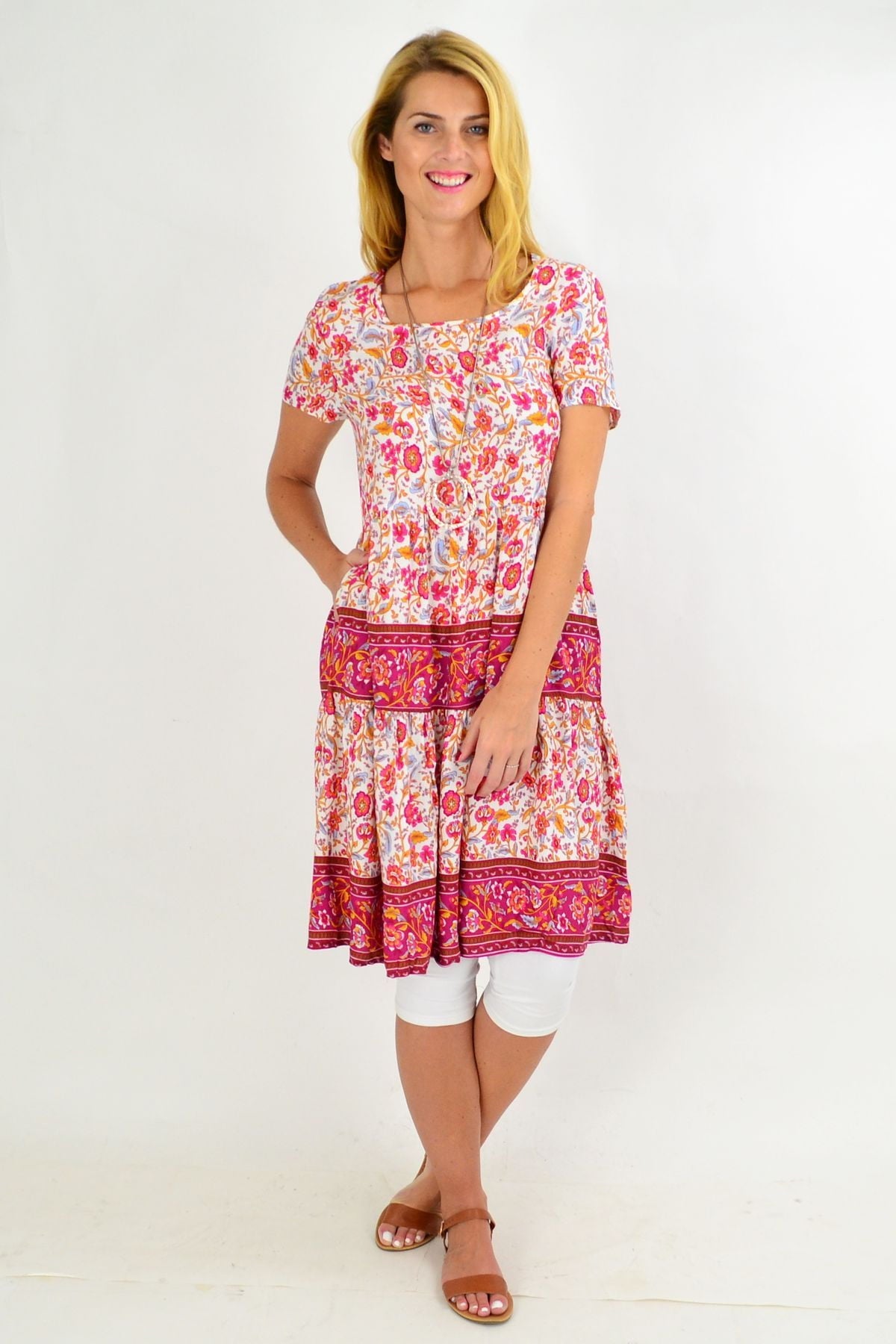 Pink Stripe Floral Ruffle Tunic Dress | I Love Tunics