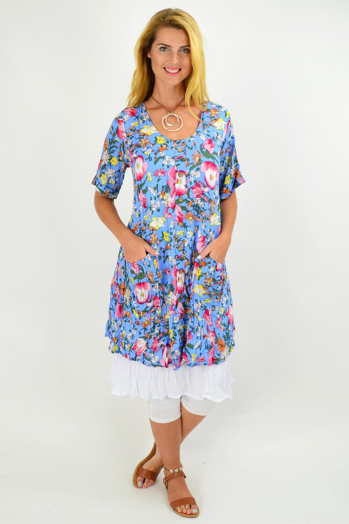Blue Ellie Floral Crinkle Tunic Dress | I Love Tunics