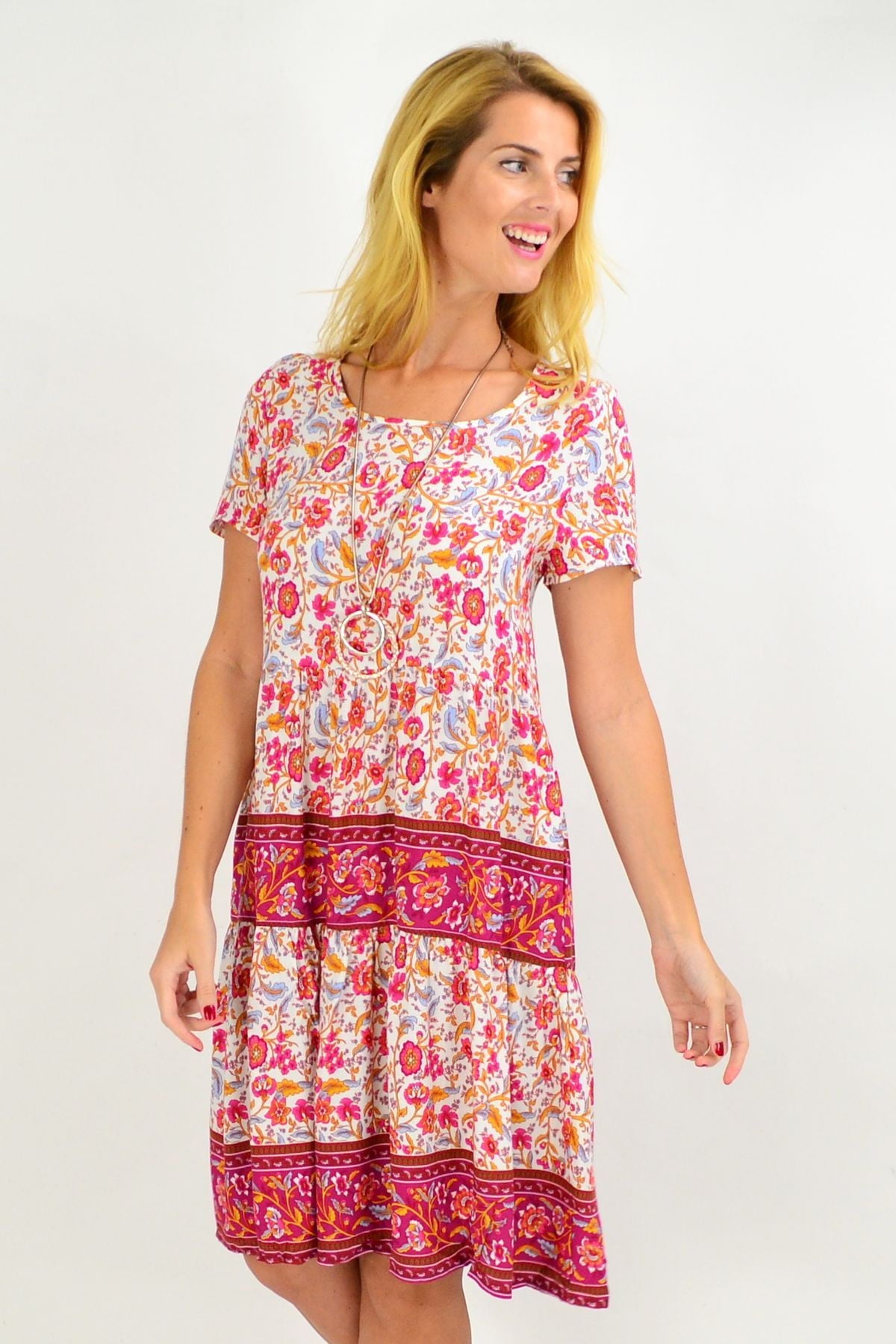 Pink Stripe Floral Ruffle Tunic Dress | I Love Tunics