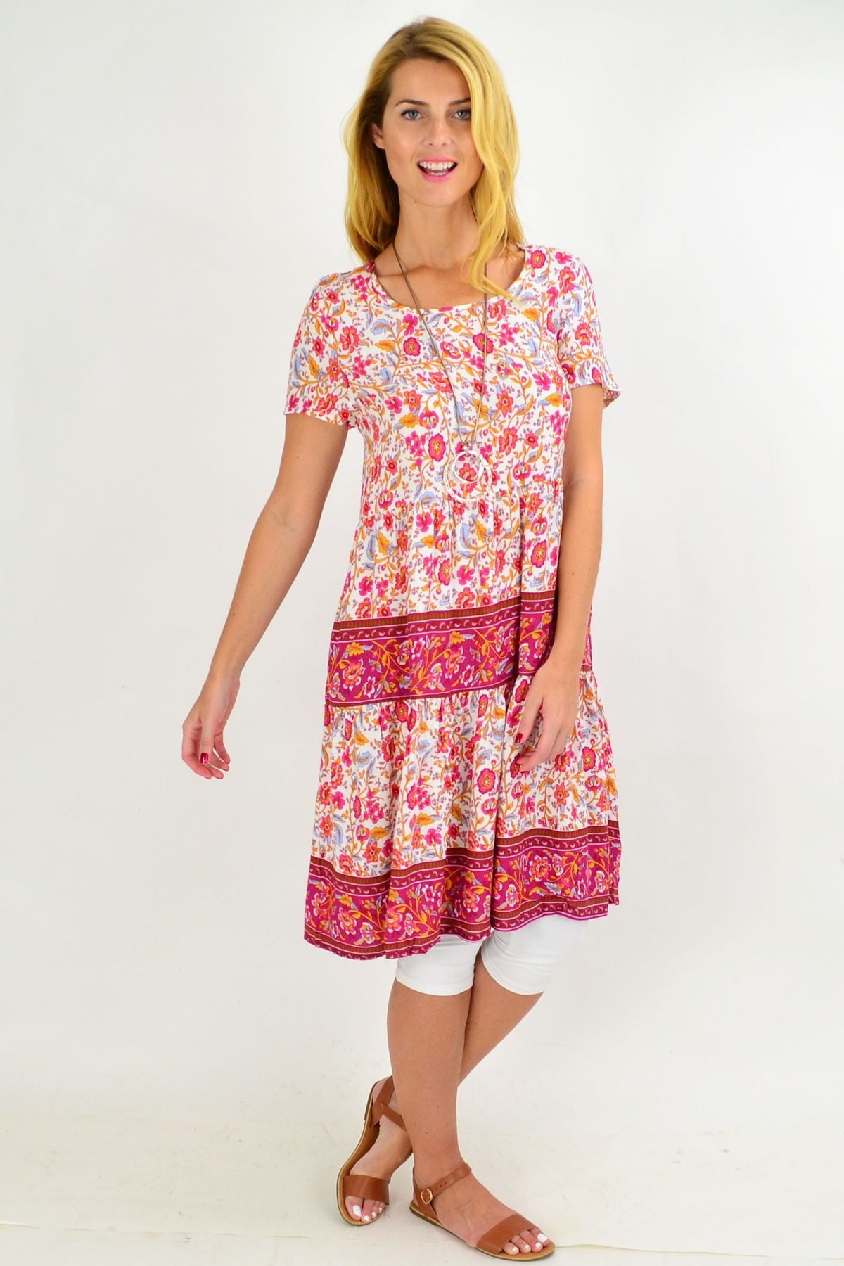 Pink Stripe Floral Ruffle Tunic Dress | I Love Tunics