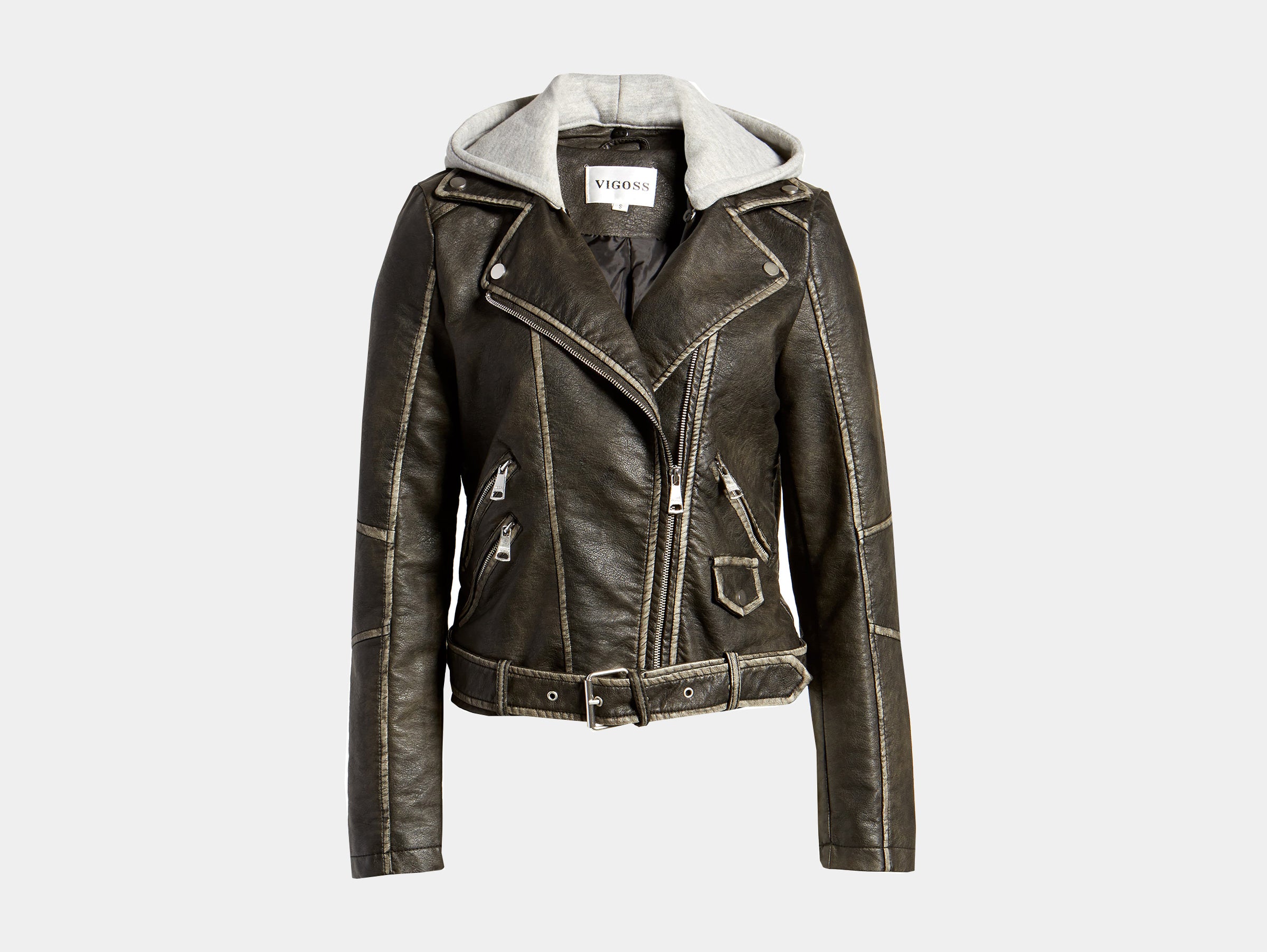 VIGOSS - Hooded washed vegan faux leather moto jacket