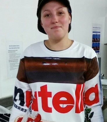 The Ochil Fudge Pantry's Amy wearing a Nutella jumper