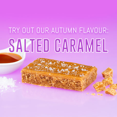 Try our Autumn Flavour: Salted Carmel. Ochil Fudge's Salted Caramel Fudge surrounded by caramel sauce, fudge pieces and salt