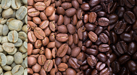 Different levels of roasted beans, from green to dark roast