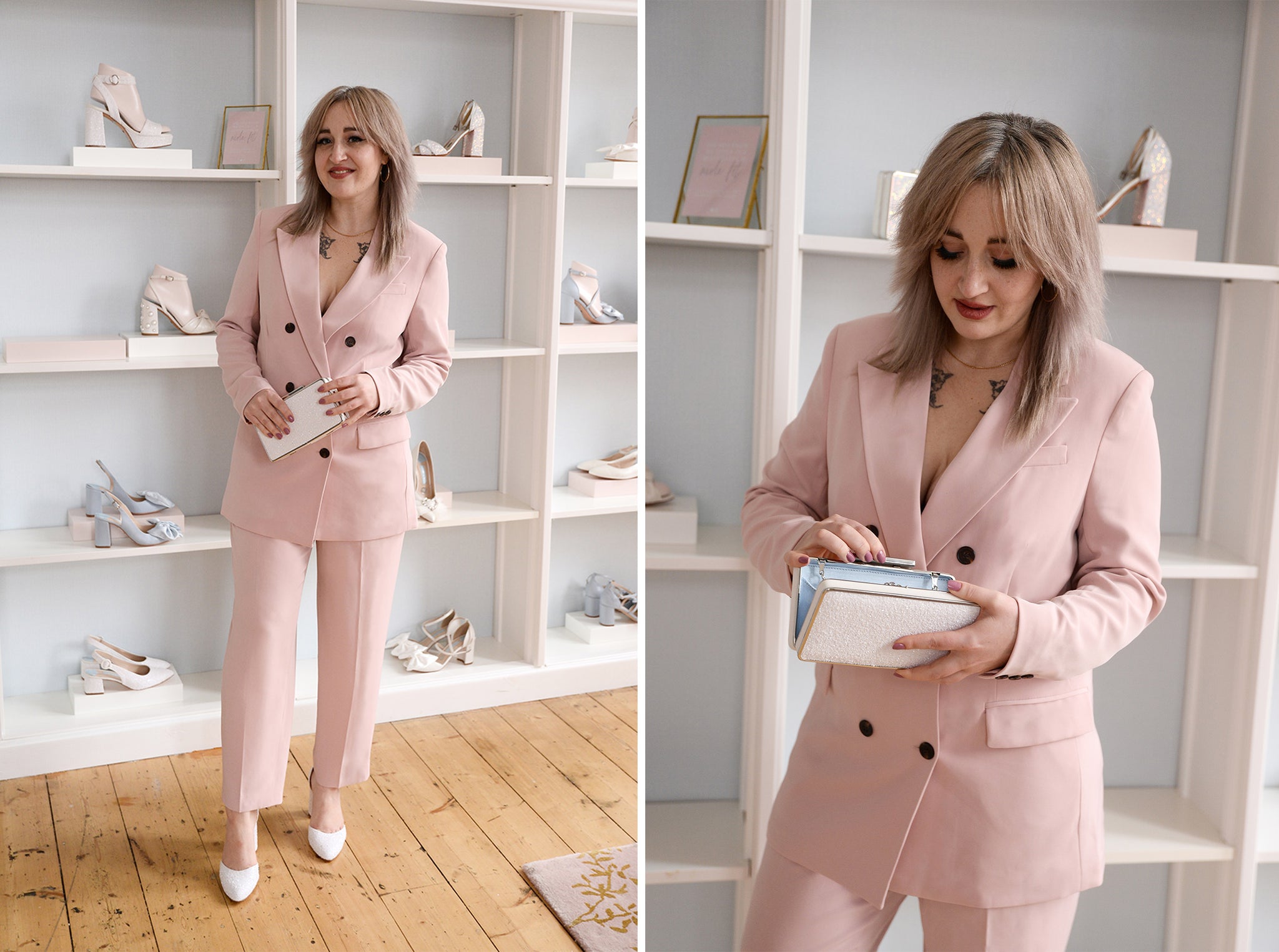 pink suit for wedding guest outfit with Charlotte mills wedding shoes