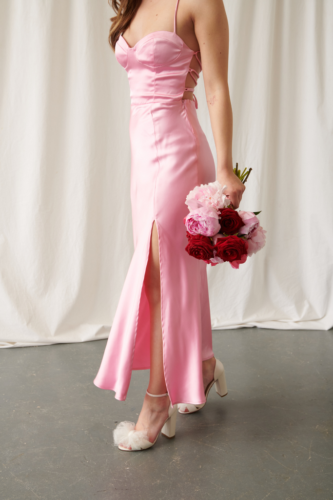 Pink wedding guest dress with Charlotte Mills shoes