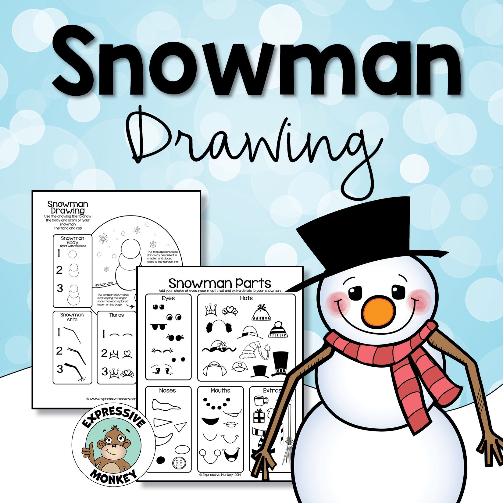 Snowman Drawing Winter Art Activity Expressive Monkey