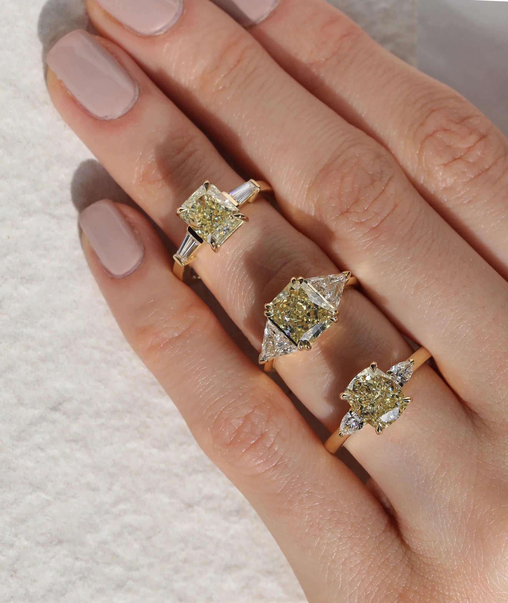 Bespoke yellow diamond engagement rings by East London jeweller Rachel Boston who specialises in custom wedding rings, engagement rings and fine jewellery. White, Yellow, Champagne, Grey and Fancy coloured diamonds are all available for your bespoke engagement ring.