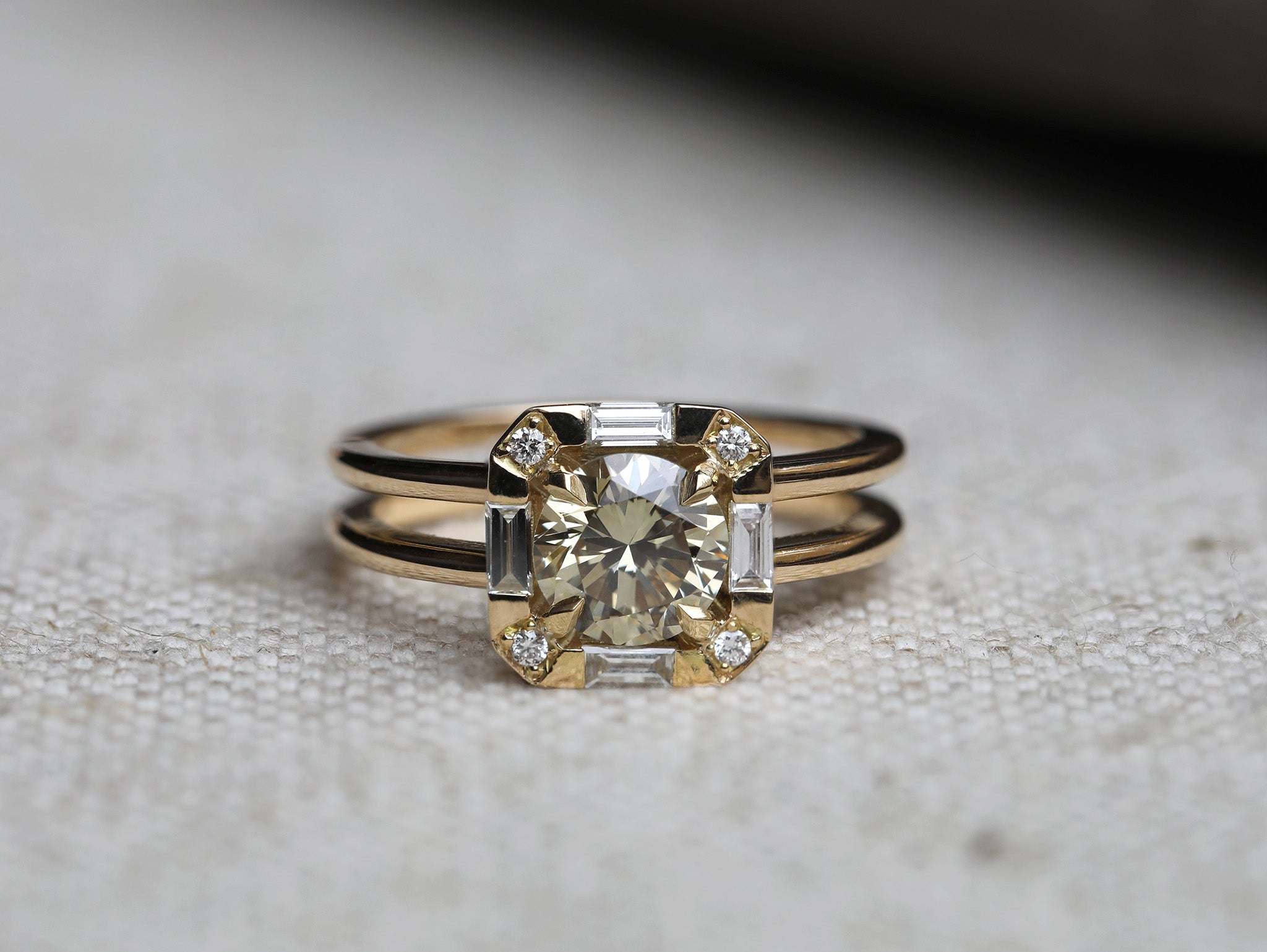 Bespoke champagne diamond engagement ring by Rachel Boston, an east London based jeweller