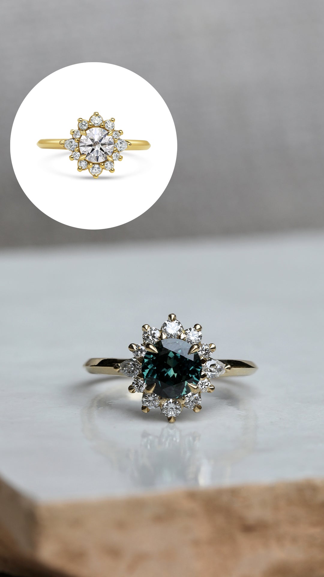 The Styx sapphire engagement ring, a bespoke recreation of the Styx white diamond ring featuring a green sapphire and white diamond halo