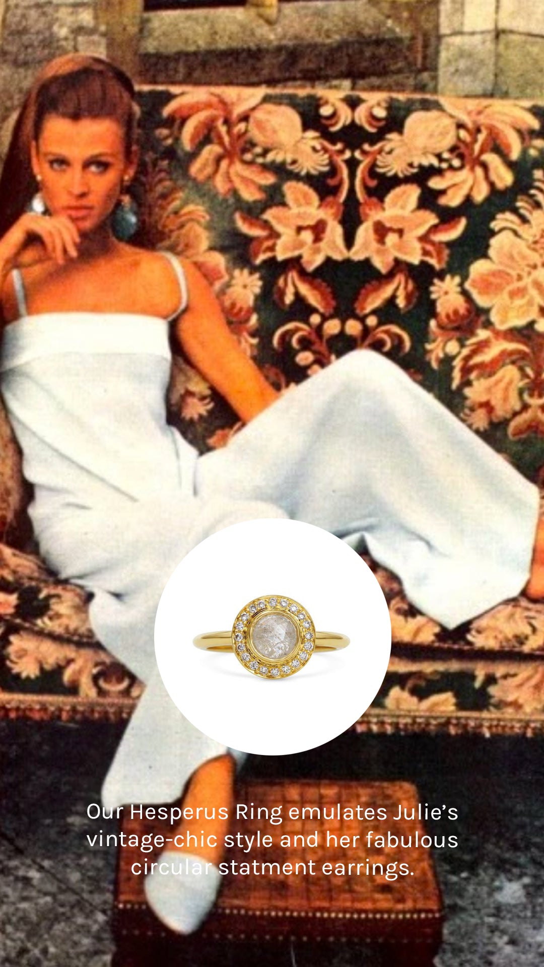 Julie Christie wearing a long white Sixties jumpsuit.