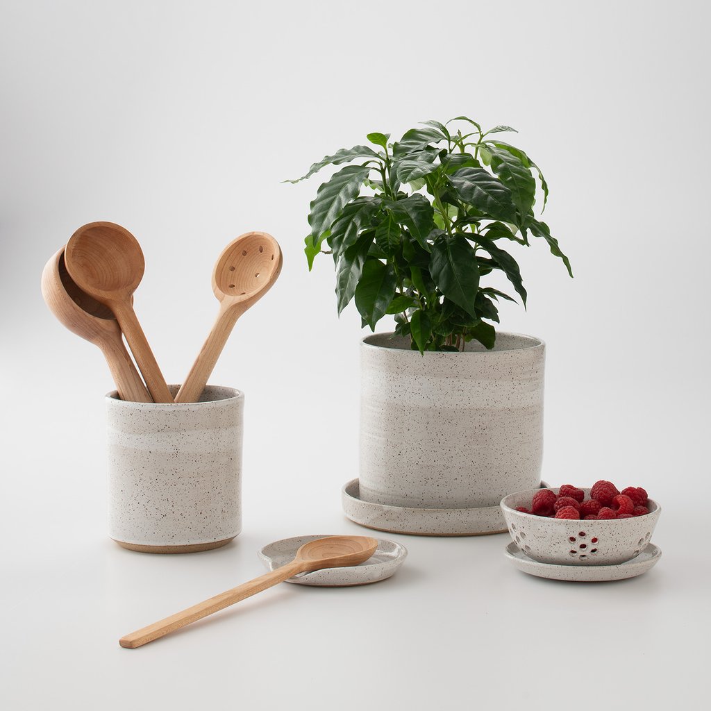 potted plant next to a bowl of fruit and a container of wooden cooking utensils