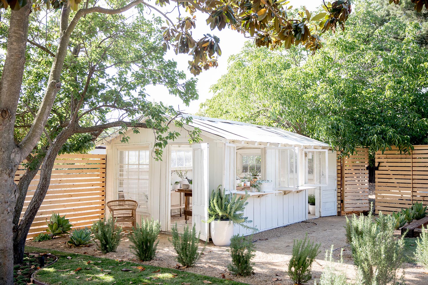 White greenhouse in a lush, well-landscaped backyard.