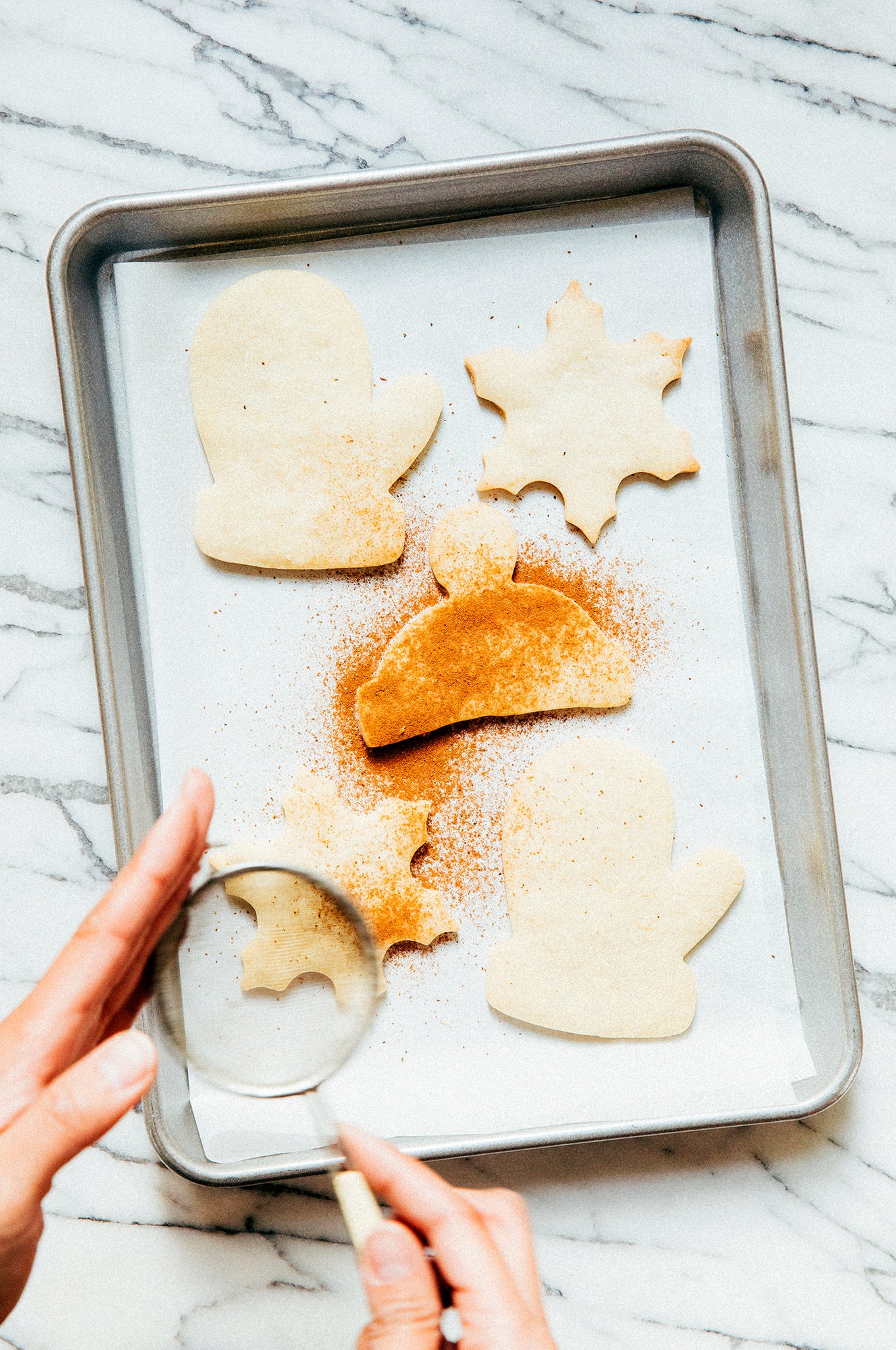 person holding a sifter over cookies