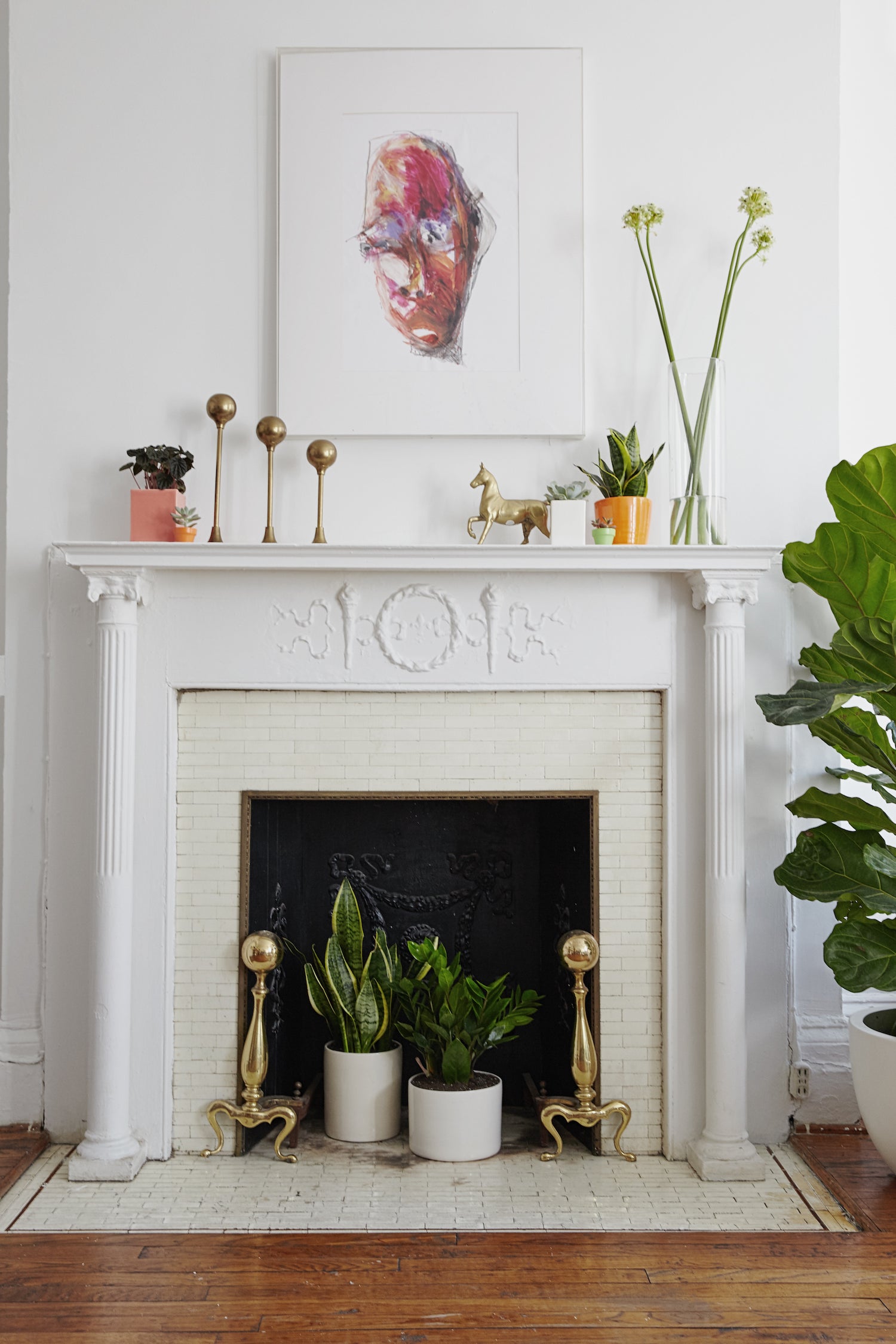 fireplace with plants in front of it