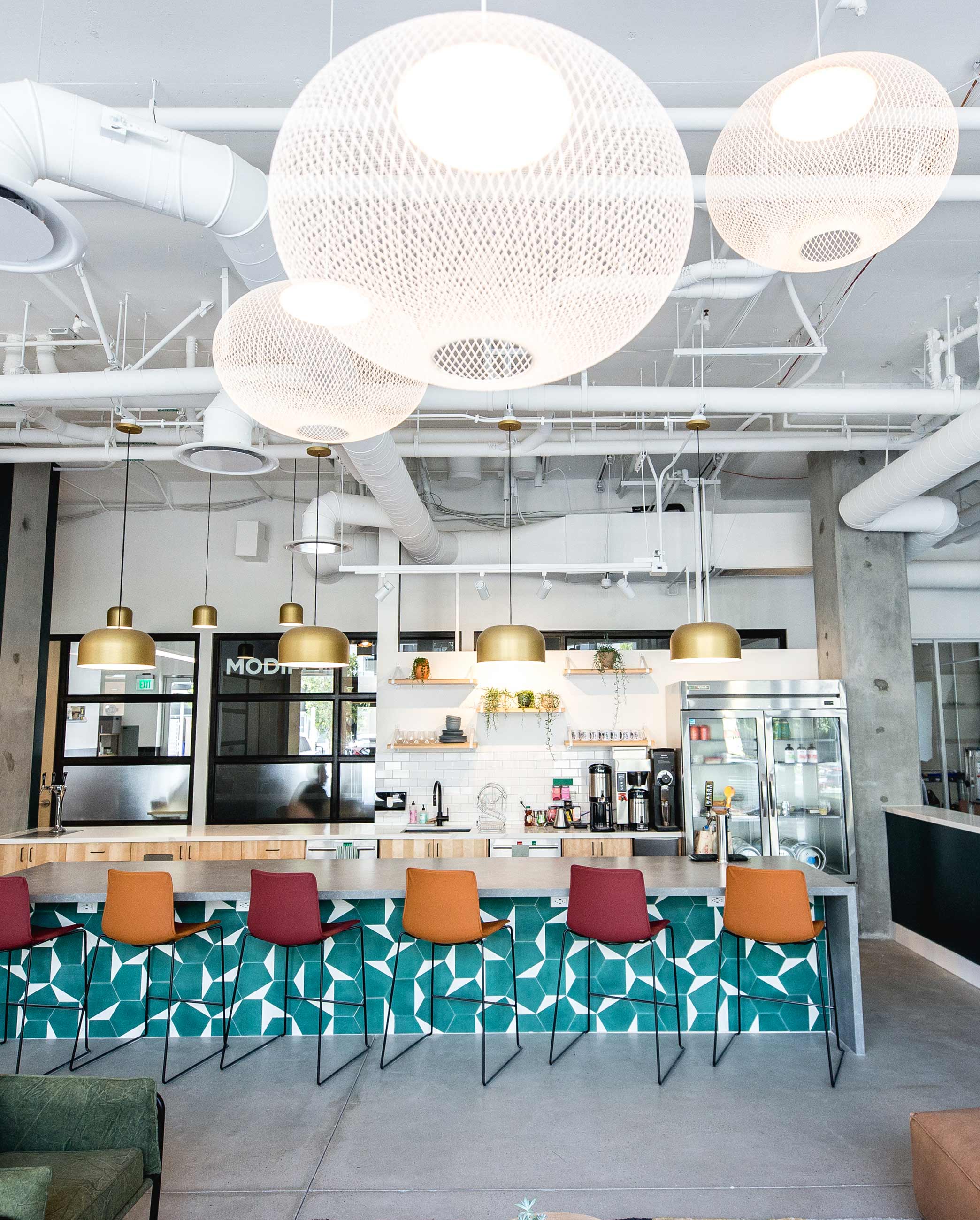 commercial office space with gold pendants