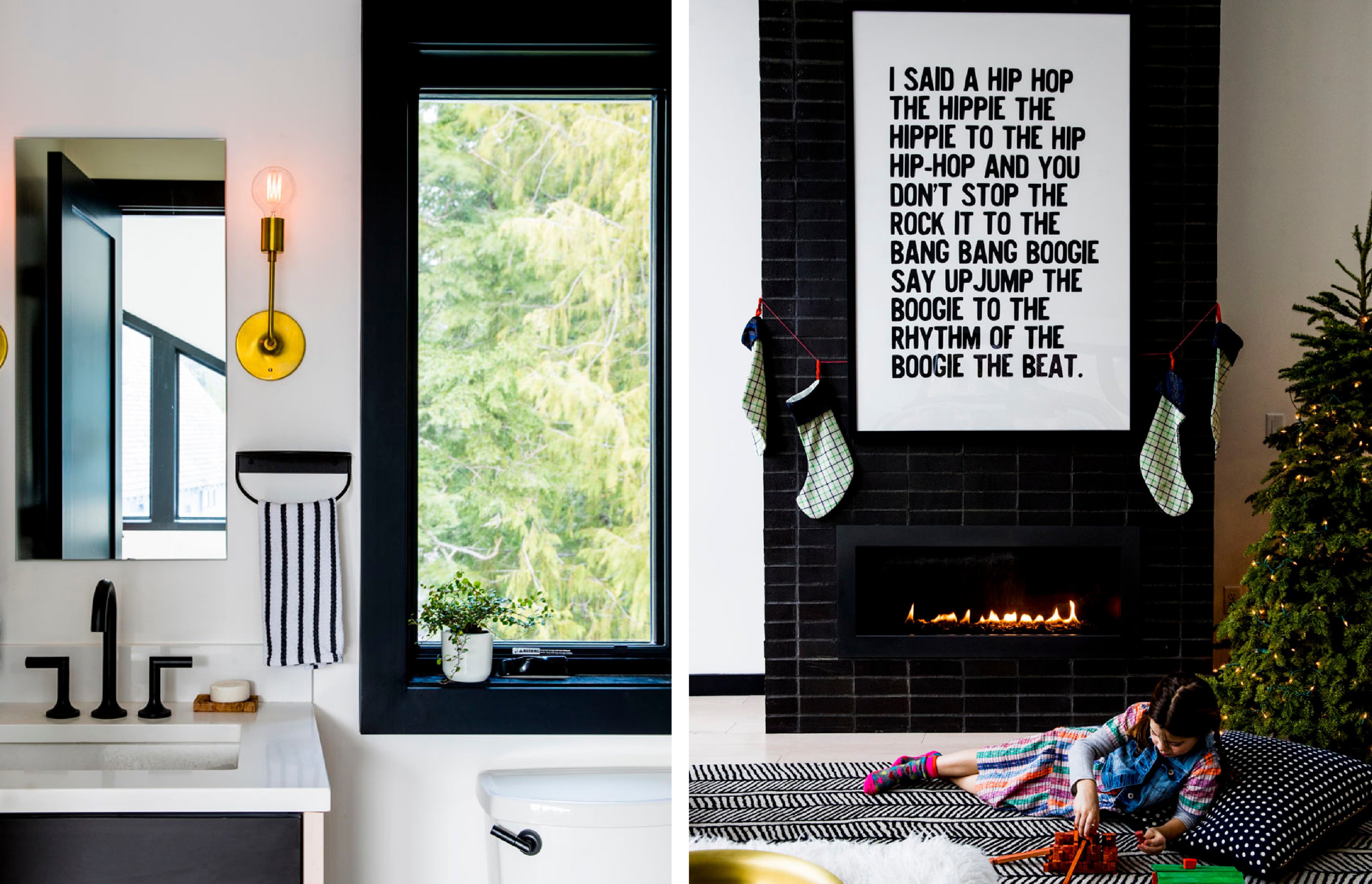 collage of a bathroom and a black fireplace with a poster above it