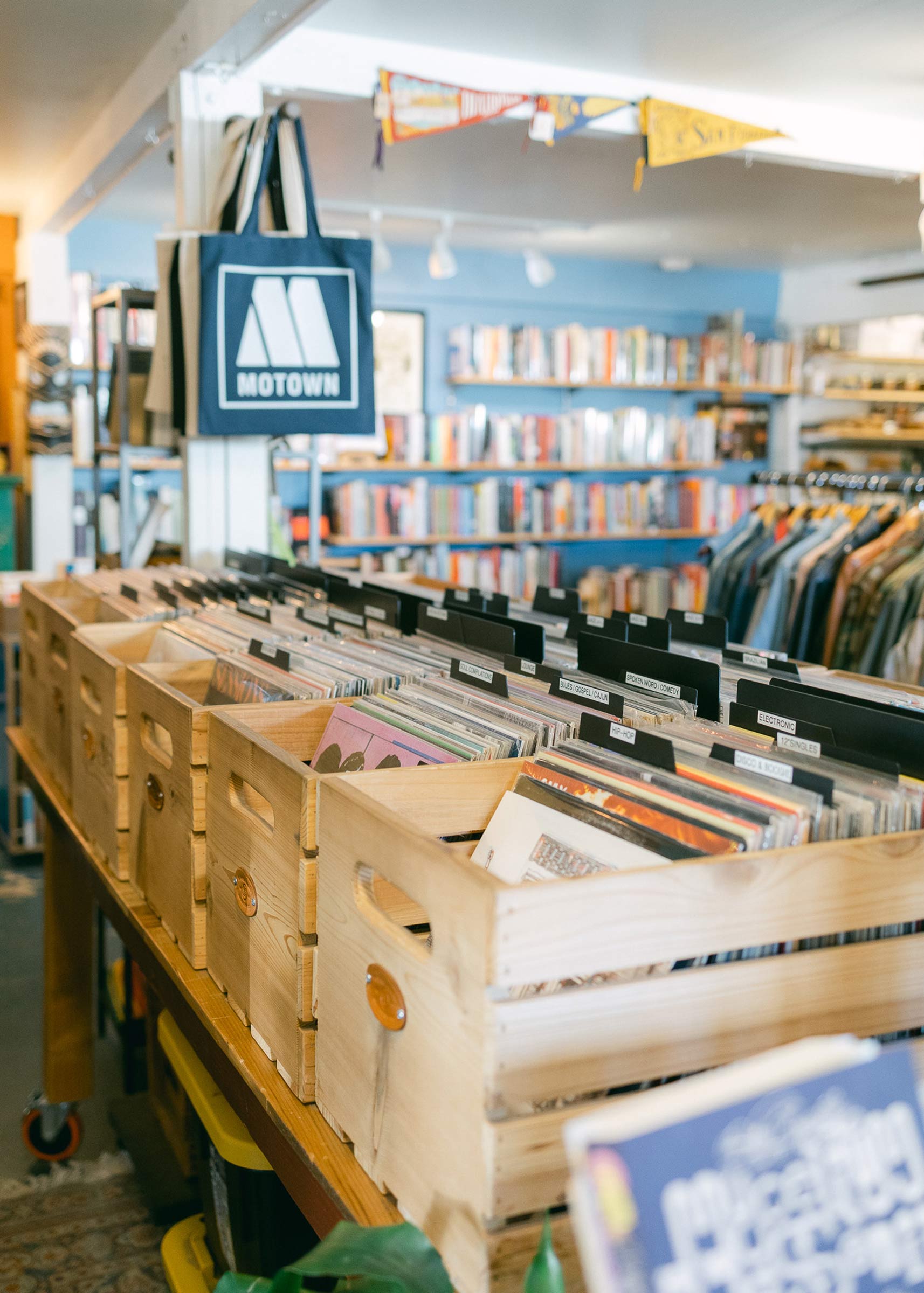 Records for sale in shop called A Satellite of Love. 