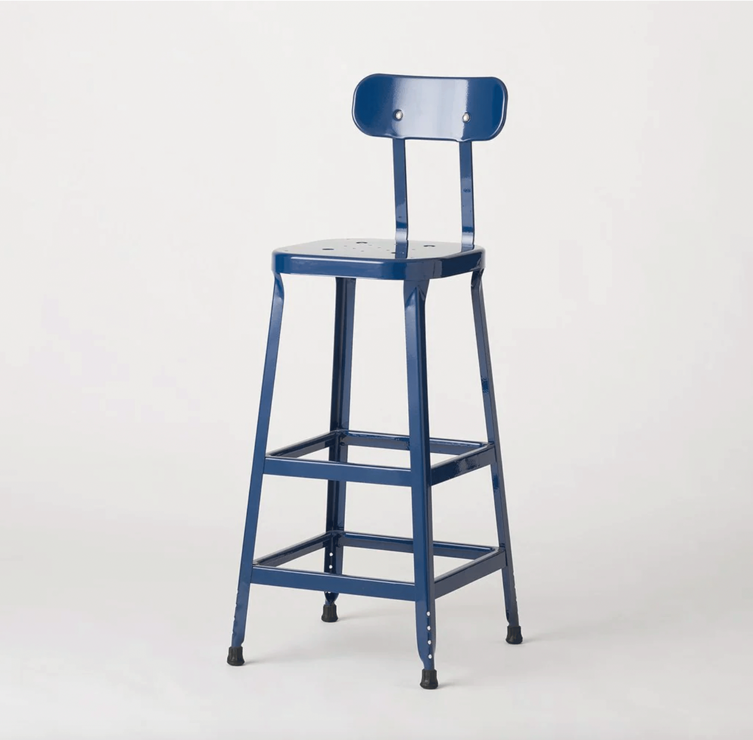 A blue industrial metal stool