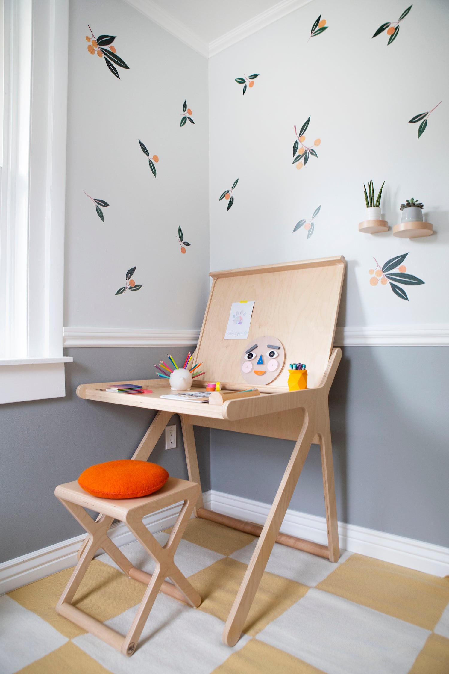 wooden table and stool in a room