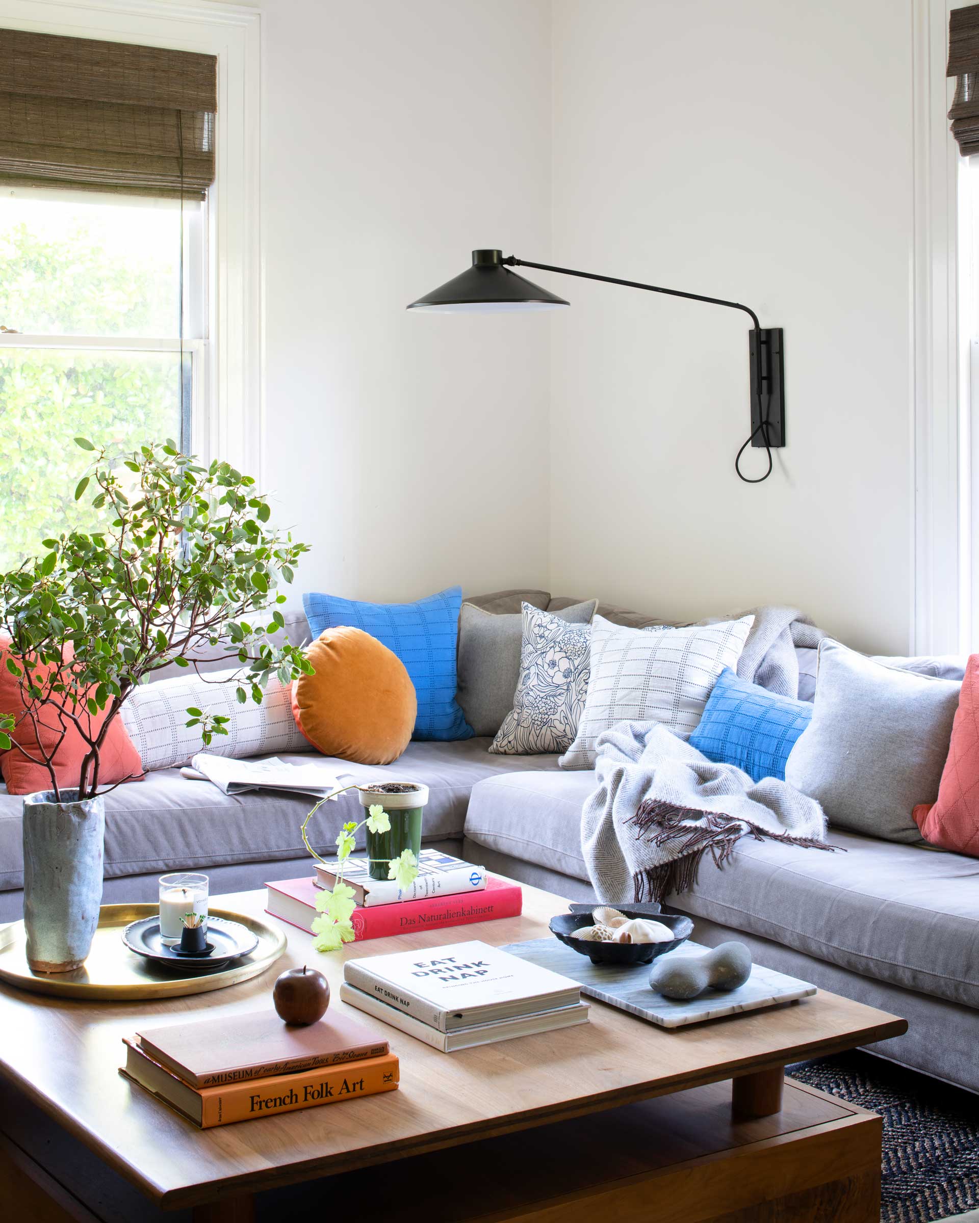 Living room with organized coffee table.