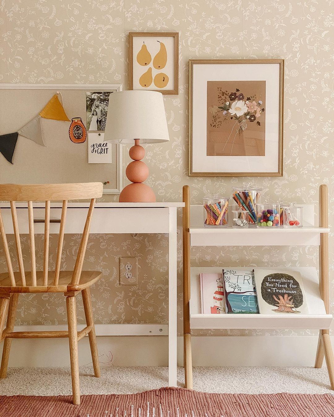 room with a shelf and a chair