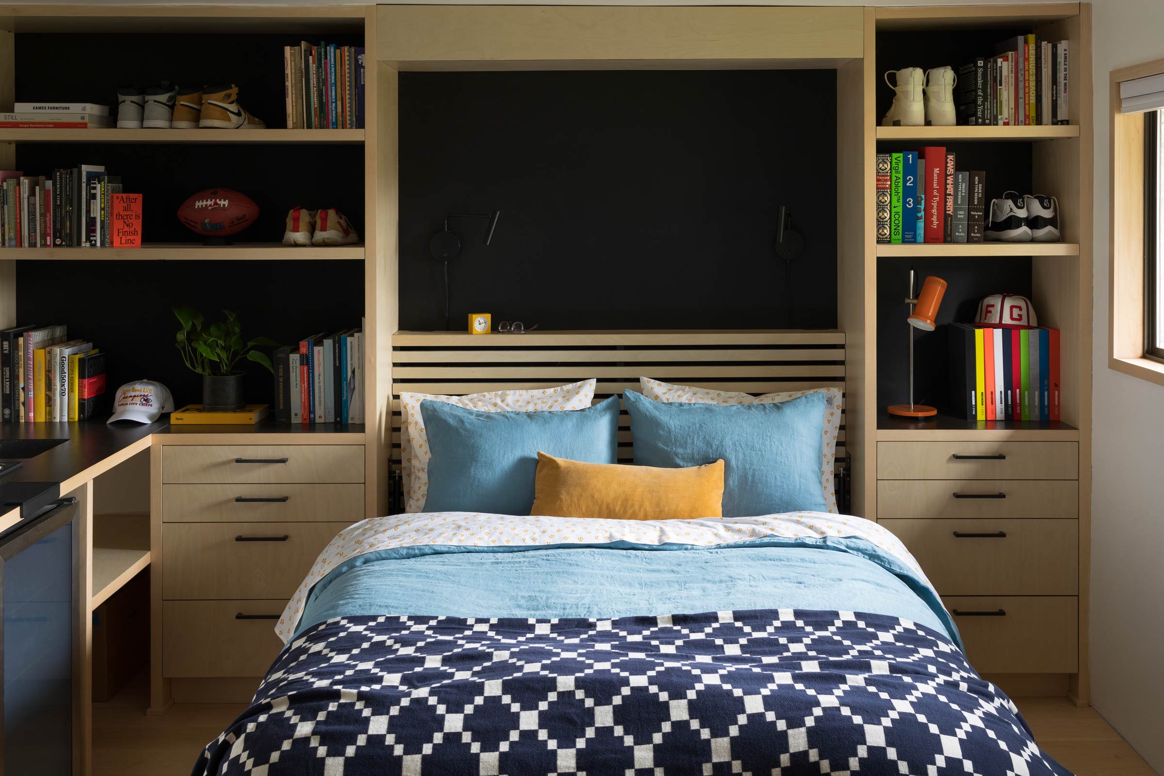 A guest room with a Murphy bed. 