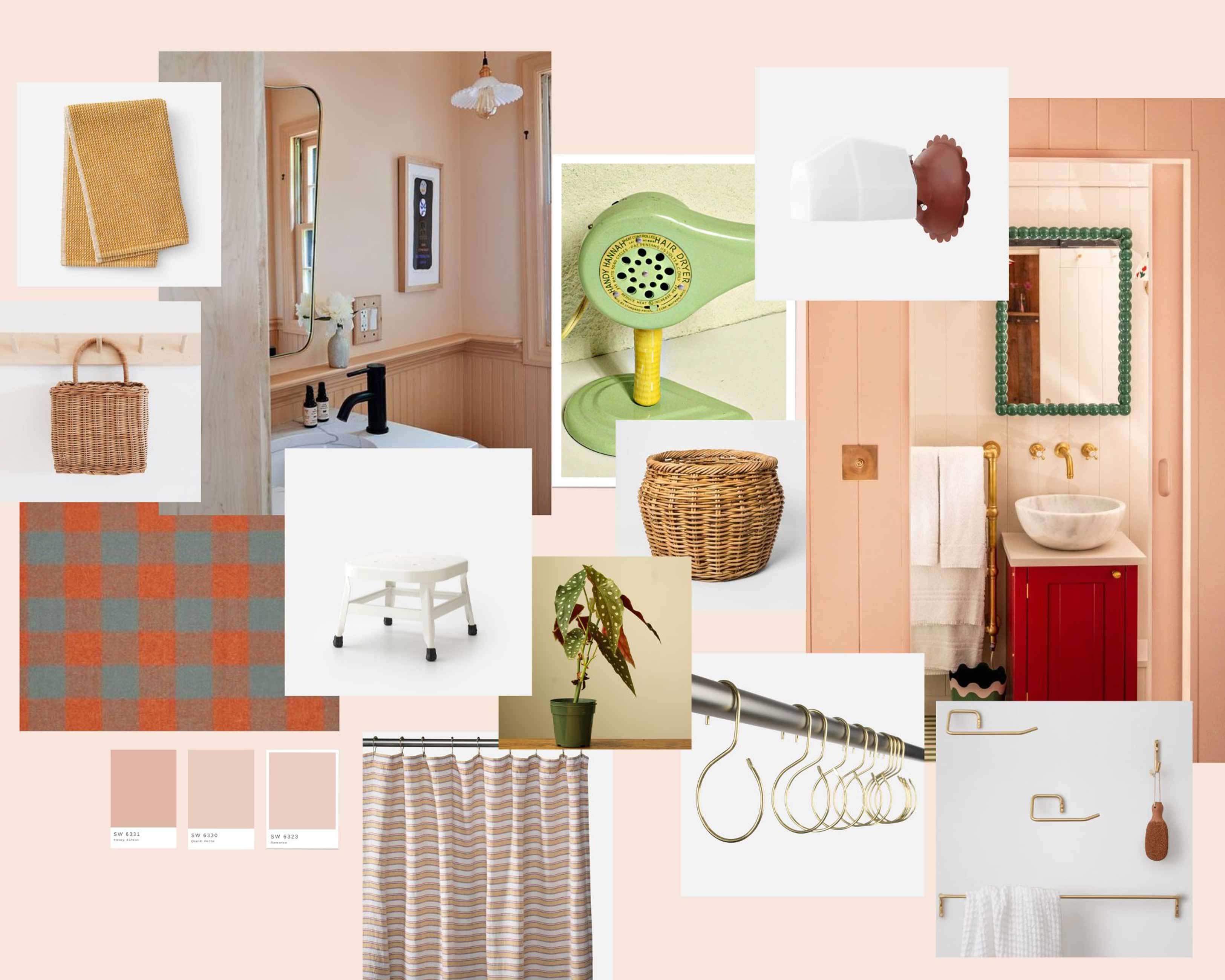 A bathroom mood board with a pink background and feminine, brass finishes. 