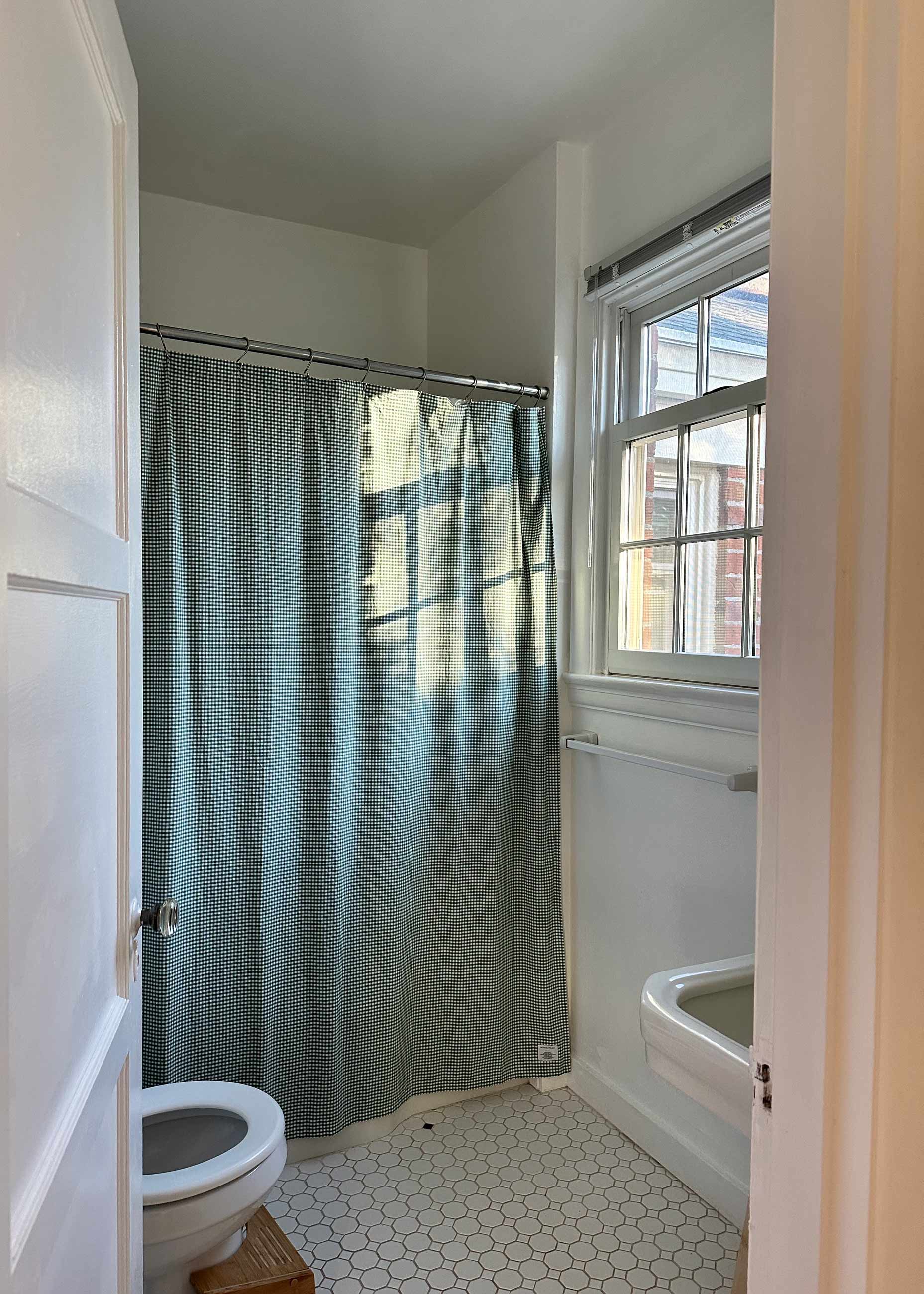 Before image of bathroom featuring the shower. 