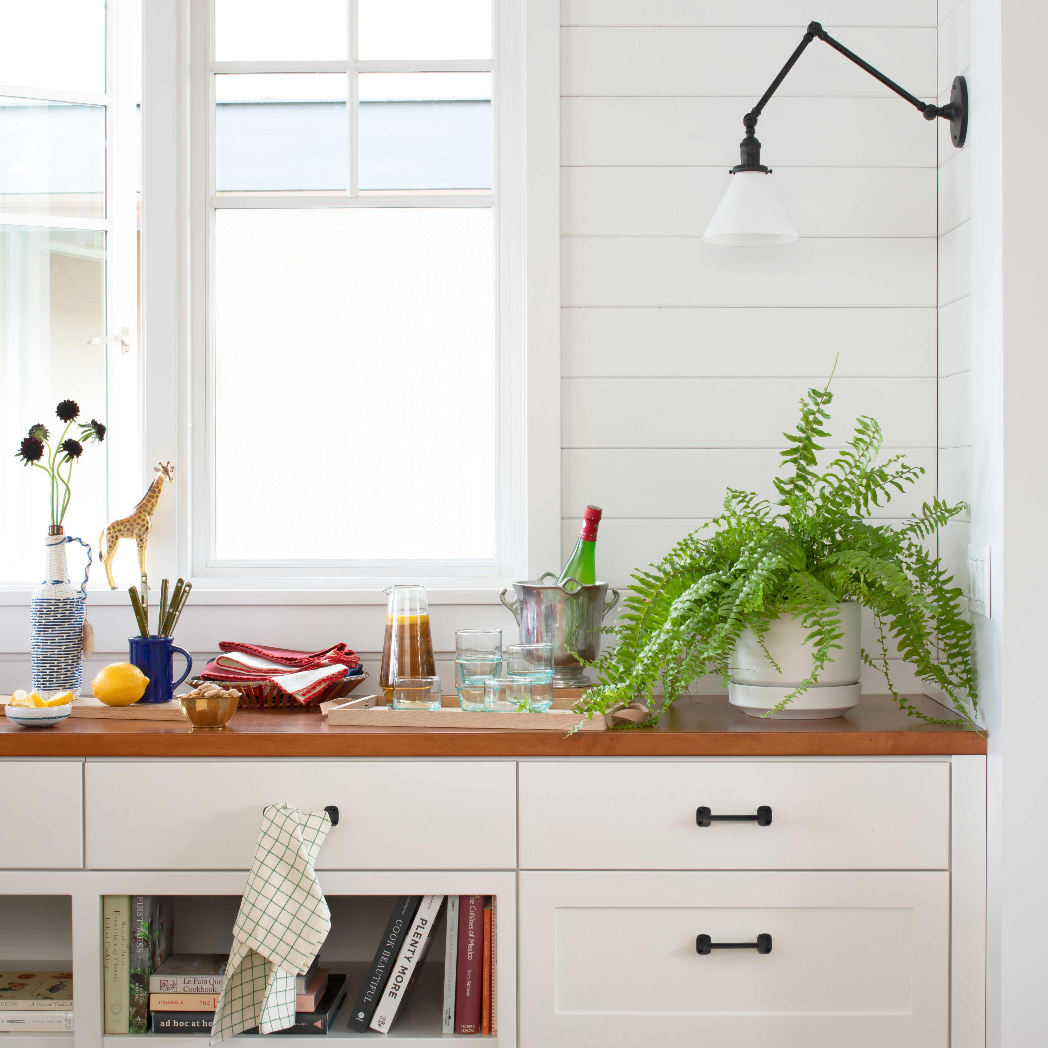 Bright kitchen counter with various hosting and kitchen essentials scattered across it and a larger fern in a white planter.