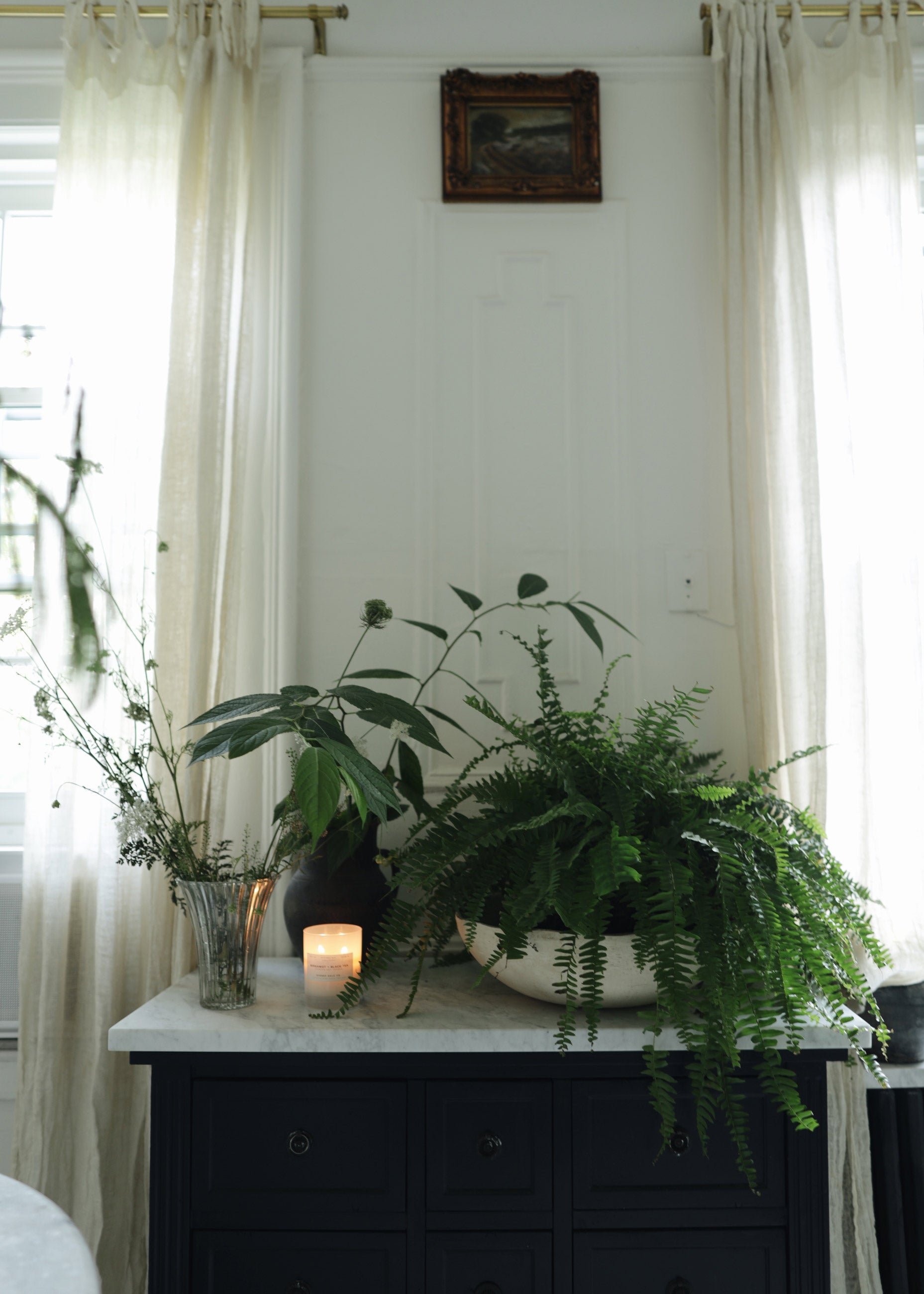 Lit candle and plants on table.