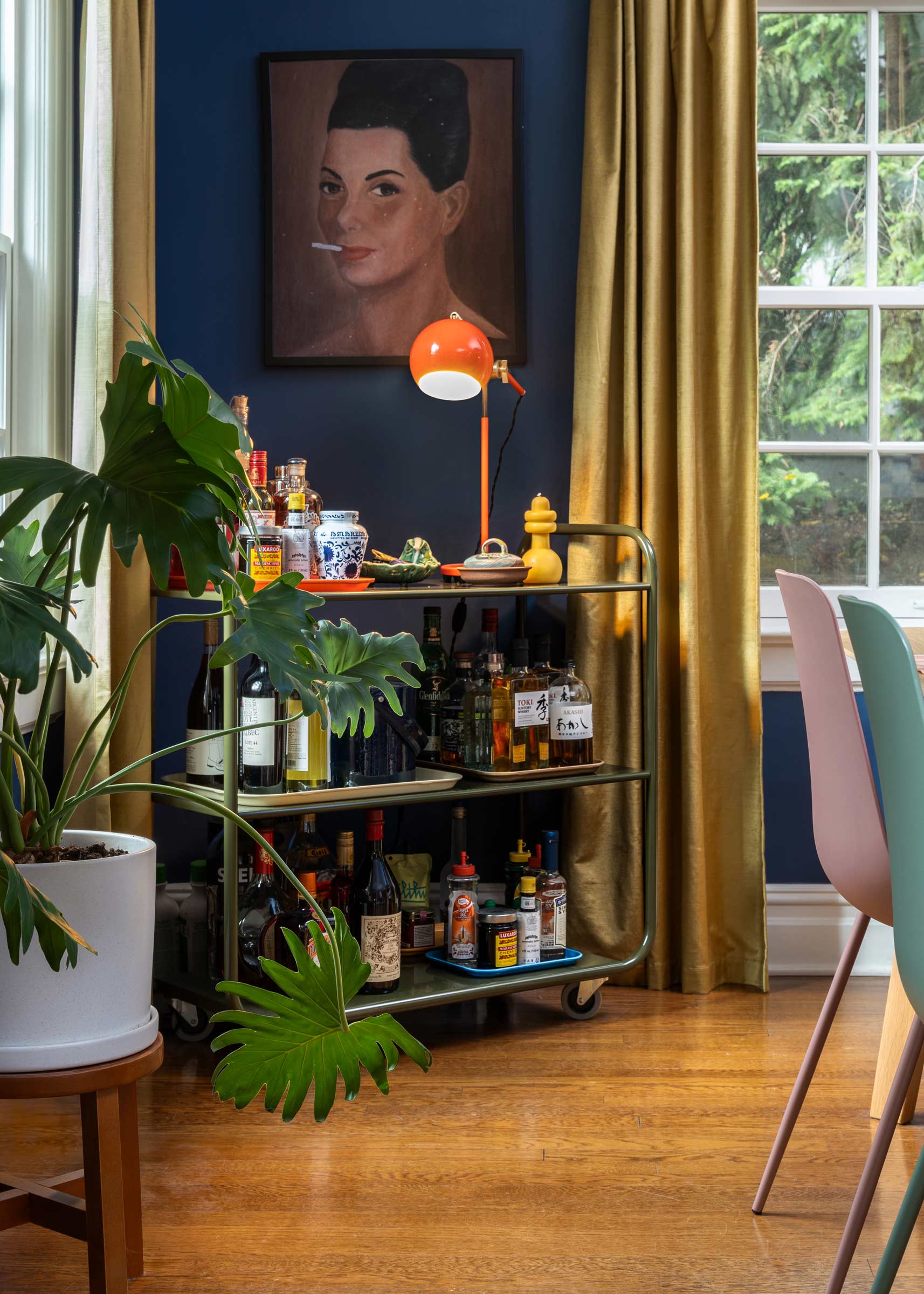 Desk lamp on a bar cart.