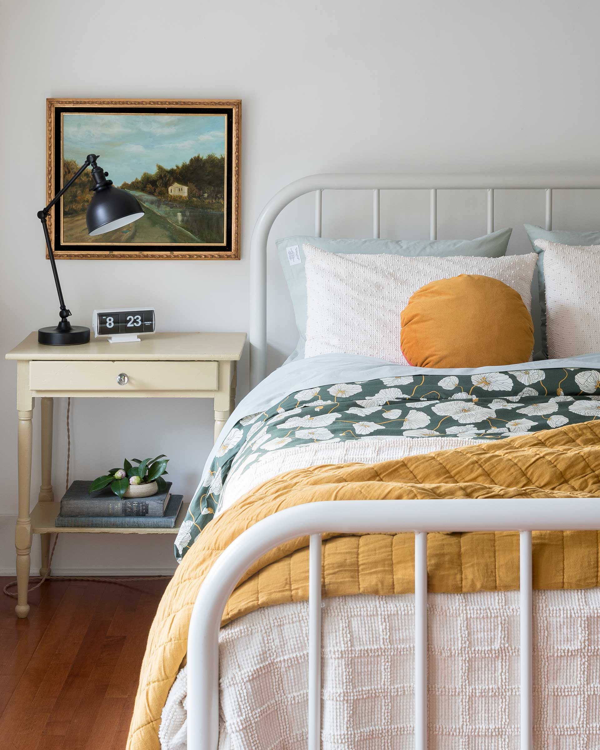 Floral bedding in a room.