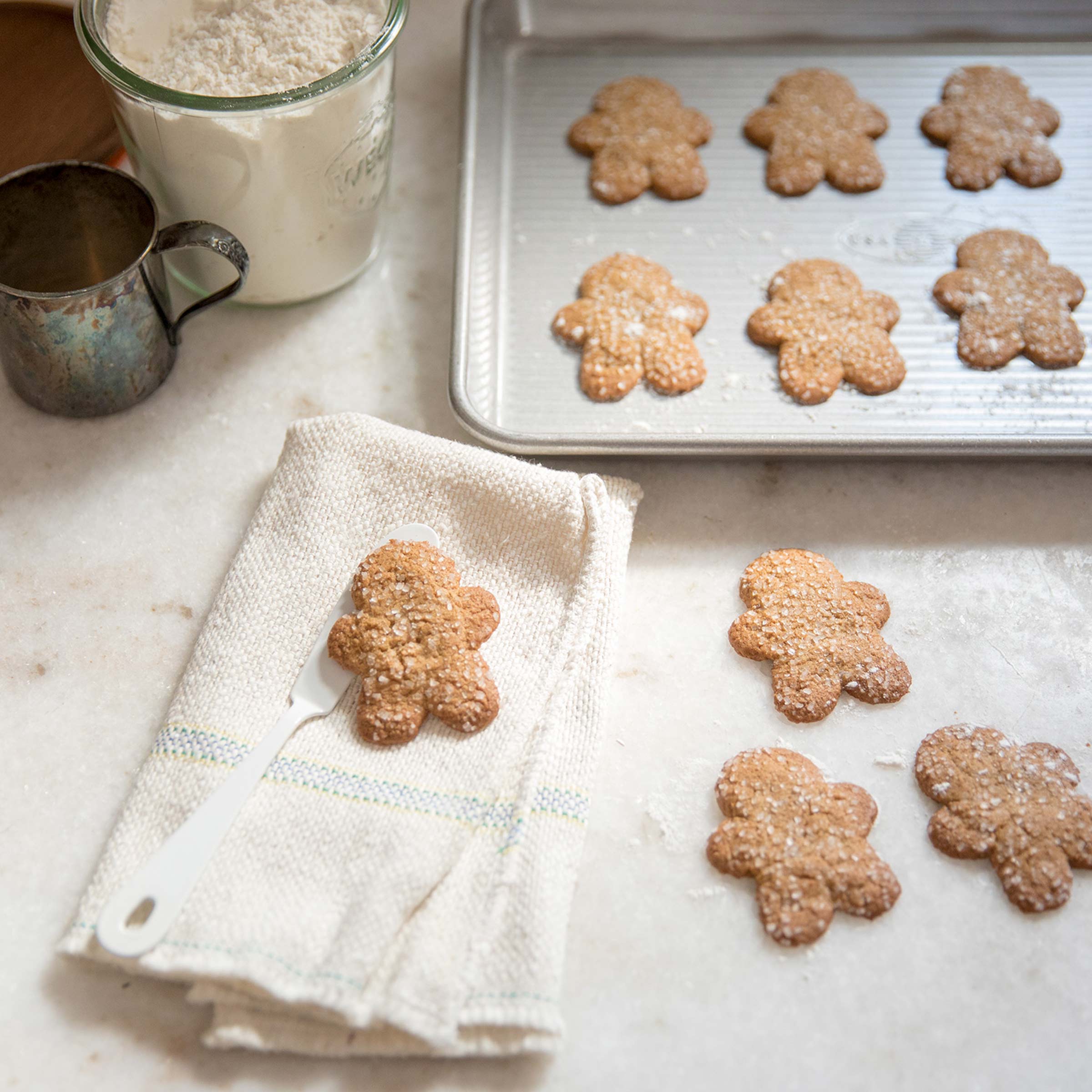 Gingerbread cookies on a countertop.