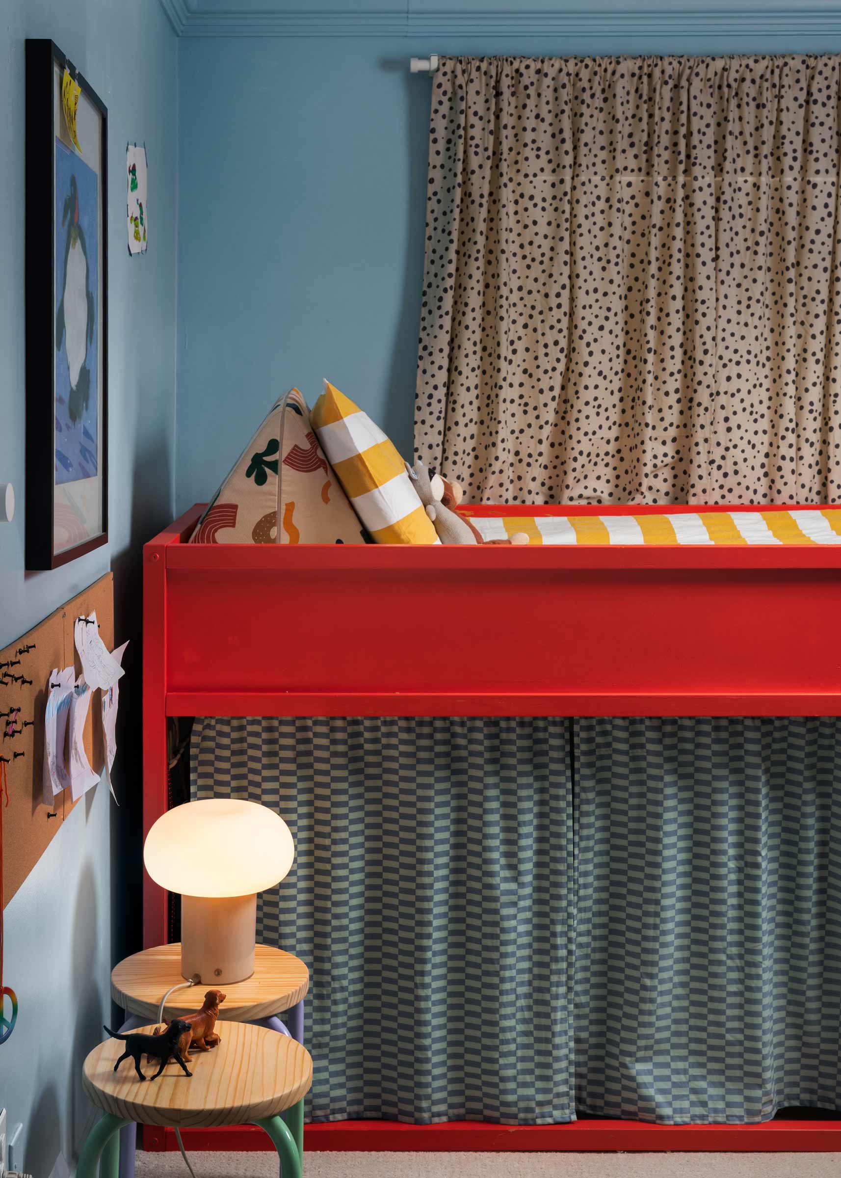 Kid's room with lots of colorful patterns.