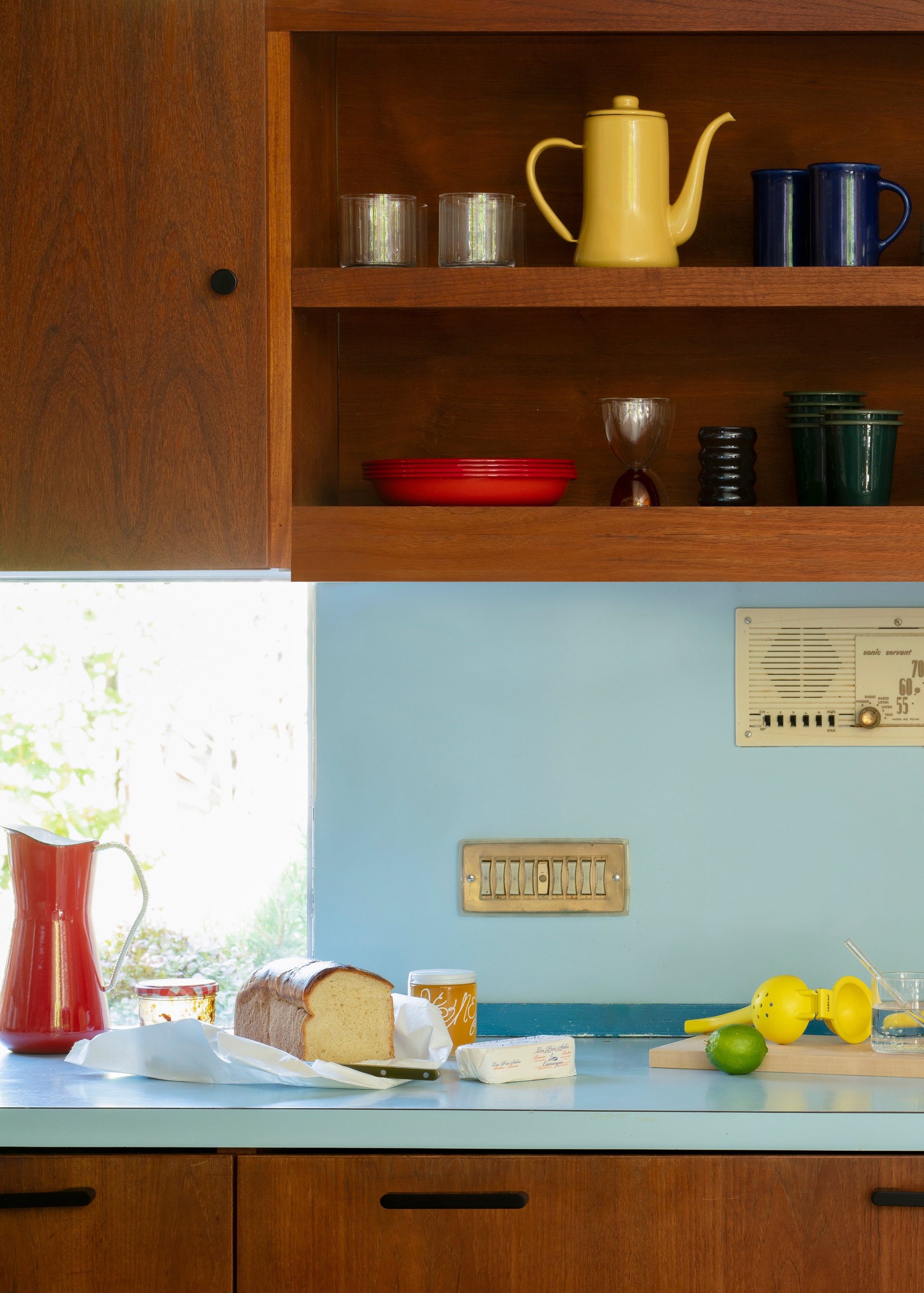 Colorful kitchen cabinet. 