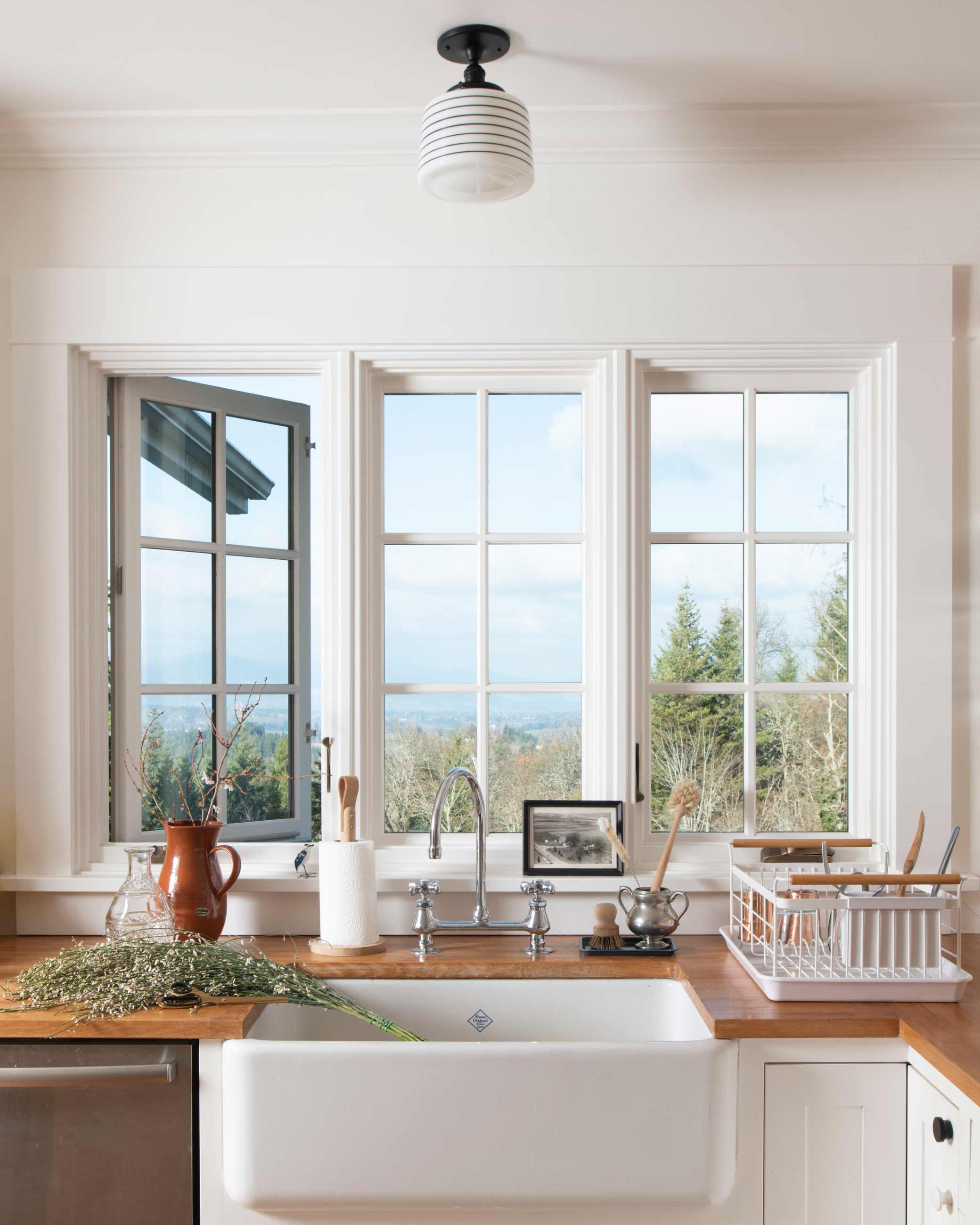 Kitchen sink overlooking valley of trees.