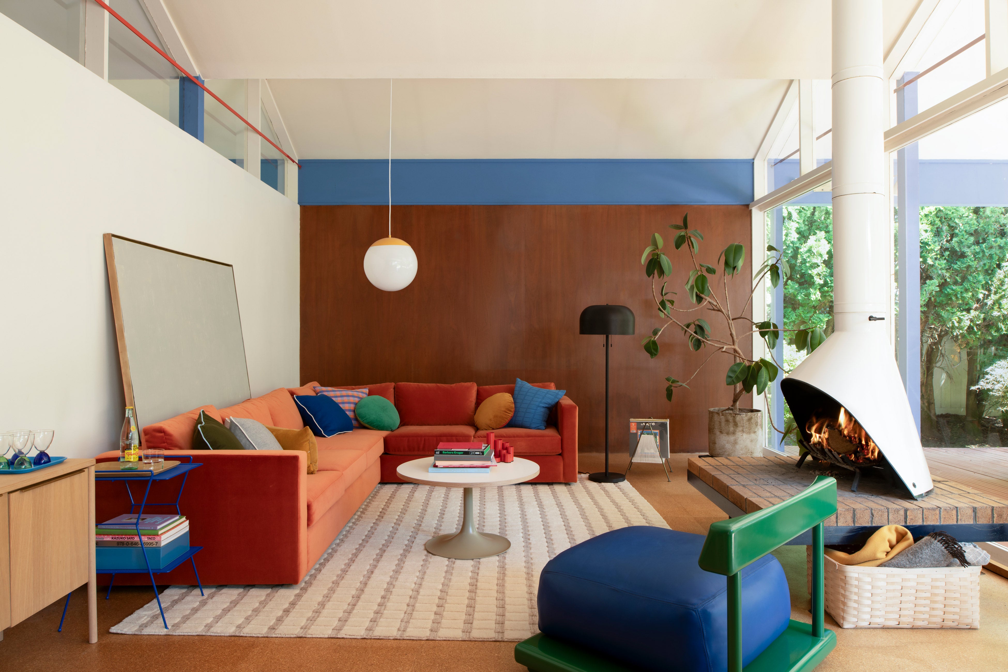 Modern living room bursting with color.