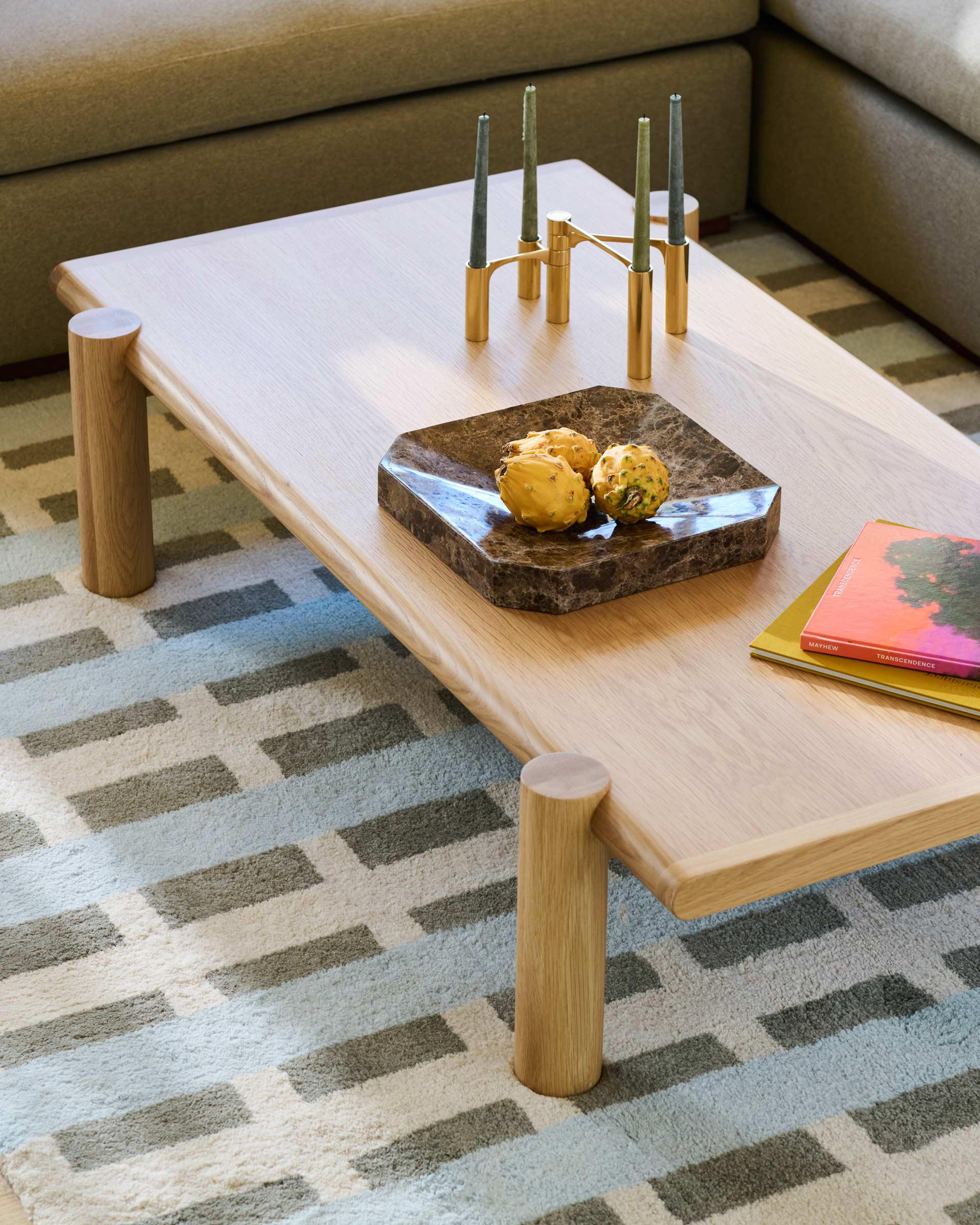 A modern wood coffee table.