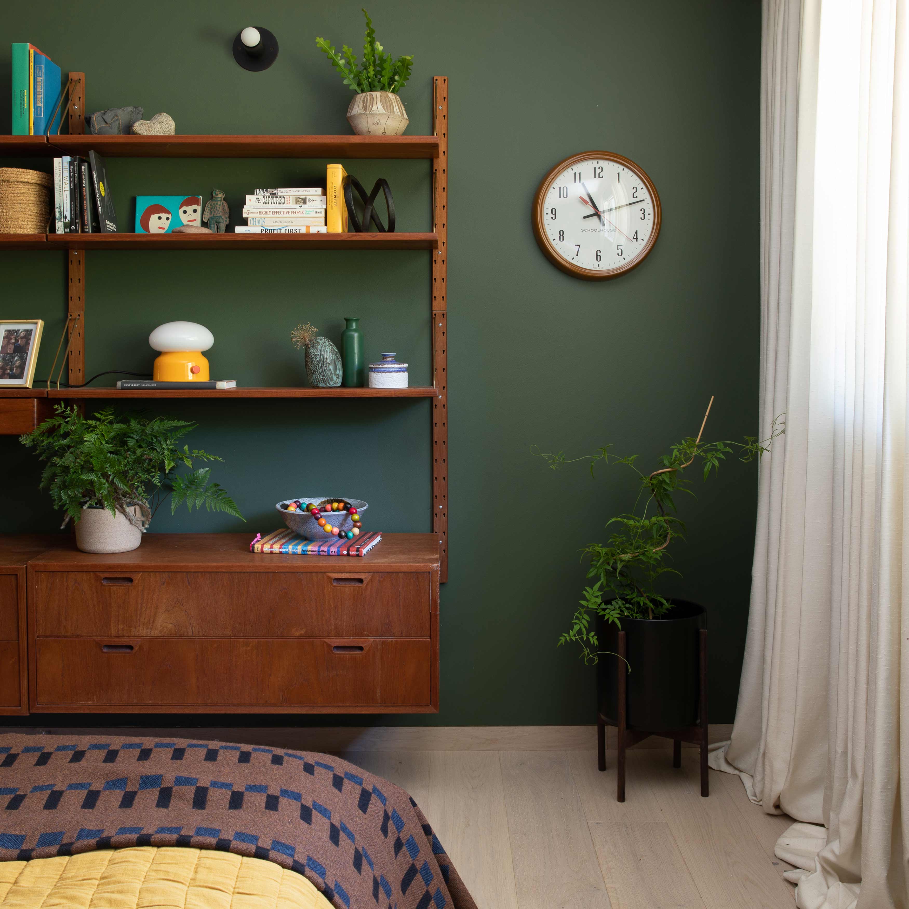 Moody green bedroom with open shelving unit holding a lamp, books, and a few potted plants.